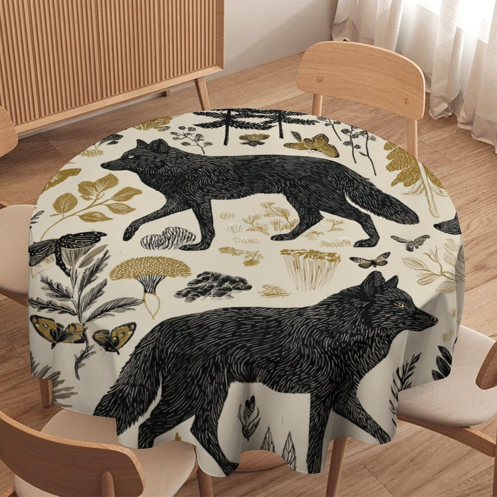 LUYYSKY Beautiful Abstract Wolves Silhouettes Round Tablecloth Modern Art Botanical Plants Animals Wolf Pattern Washable Decor for Table Cover for Kitchen-127 Wx127 L cm