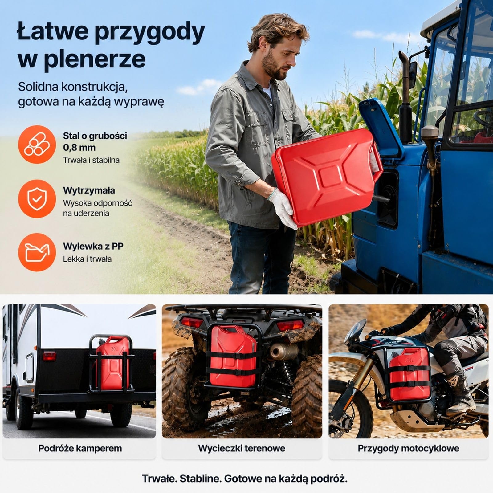Kanister na Paliwo 20 l, Metalowy Pojemnik na Benzynę z Dziobkiem i Uchwytem, Czerwony do Samochodu, Motocykla, ATV i UTV, 2 szt
