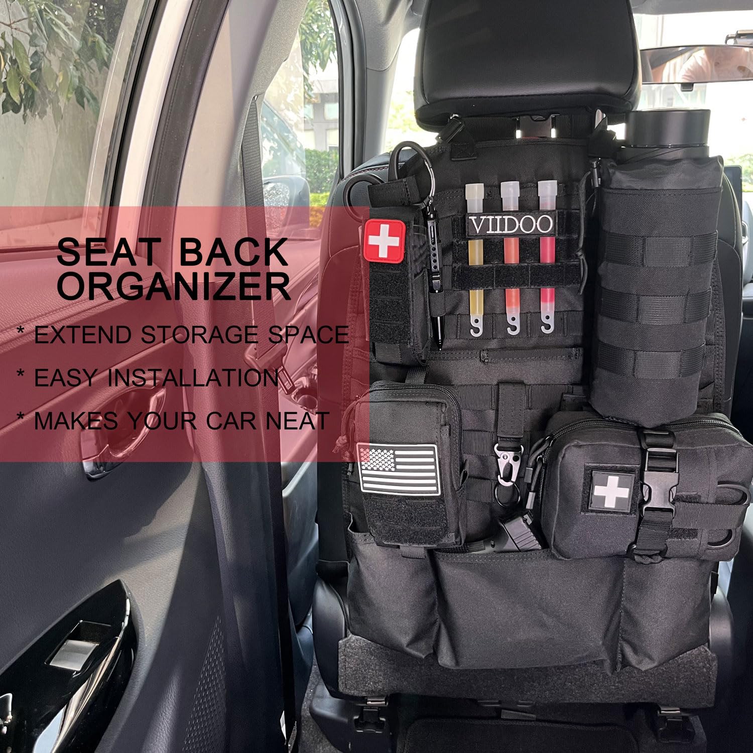 Molle - Organizador de asiento de coche táctico con bolsas Molle para el asiento del coche, protector para asiento de coche, color negro