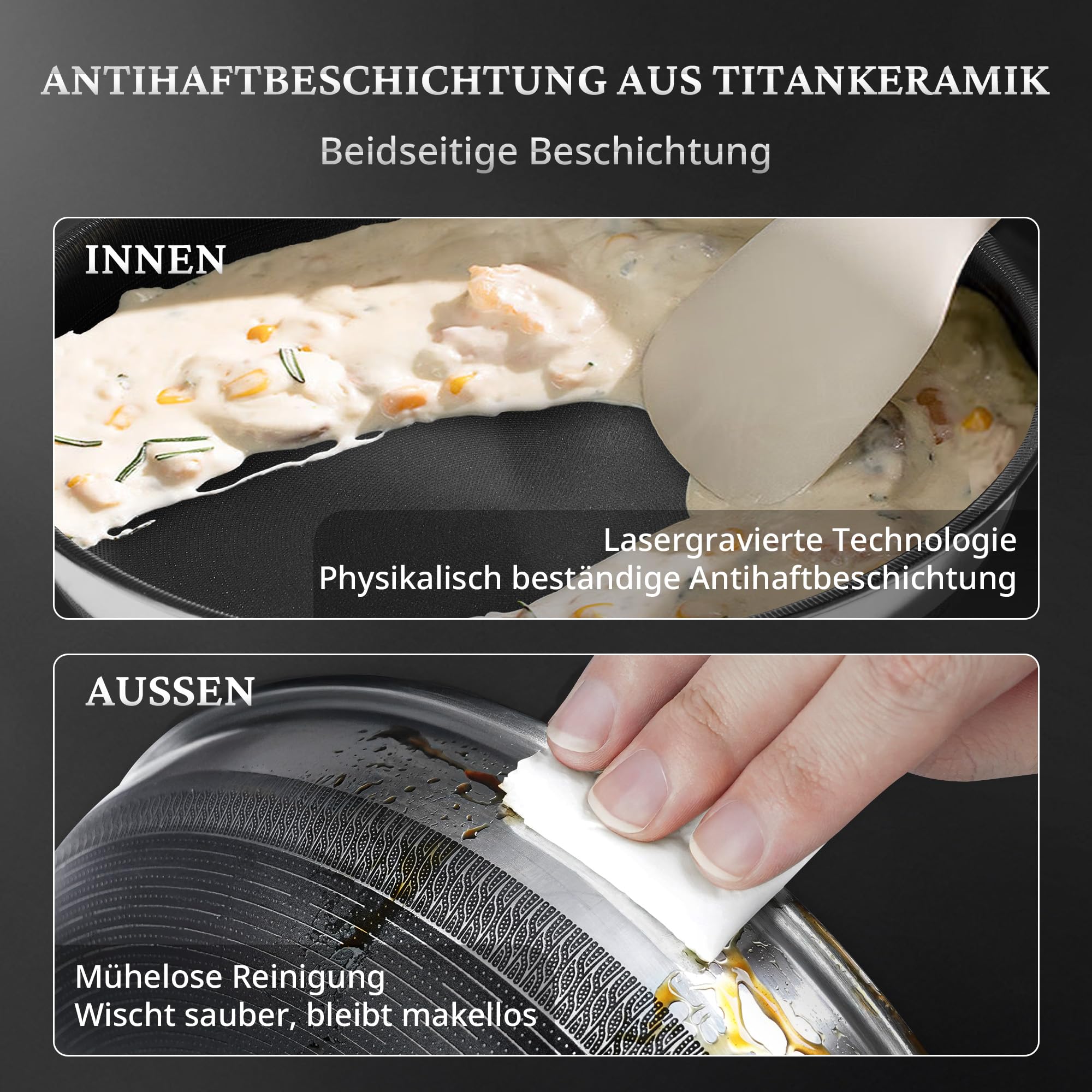 KOKHUB Edelstahlpfanne 28cm mit Titan-Keramik Beschichtung, 100% PTFE & PFAS-frei, Kratzfeste Bratpfanne Induktion, 3-Schicht Antihaftpfanne für alle Herdarten, Backofengeeignet