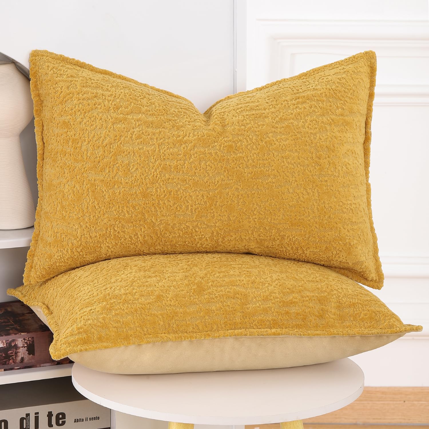 Madizz Pack of 2 Chenille Velvet Cushion Covers 30x50 cm Mustard Yellow Soft Neutral Decorative Throw Pillow Covers Accent Boho Pillowcases for Couch Sofa Modern Farmhouse Home Decor - Image 2