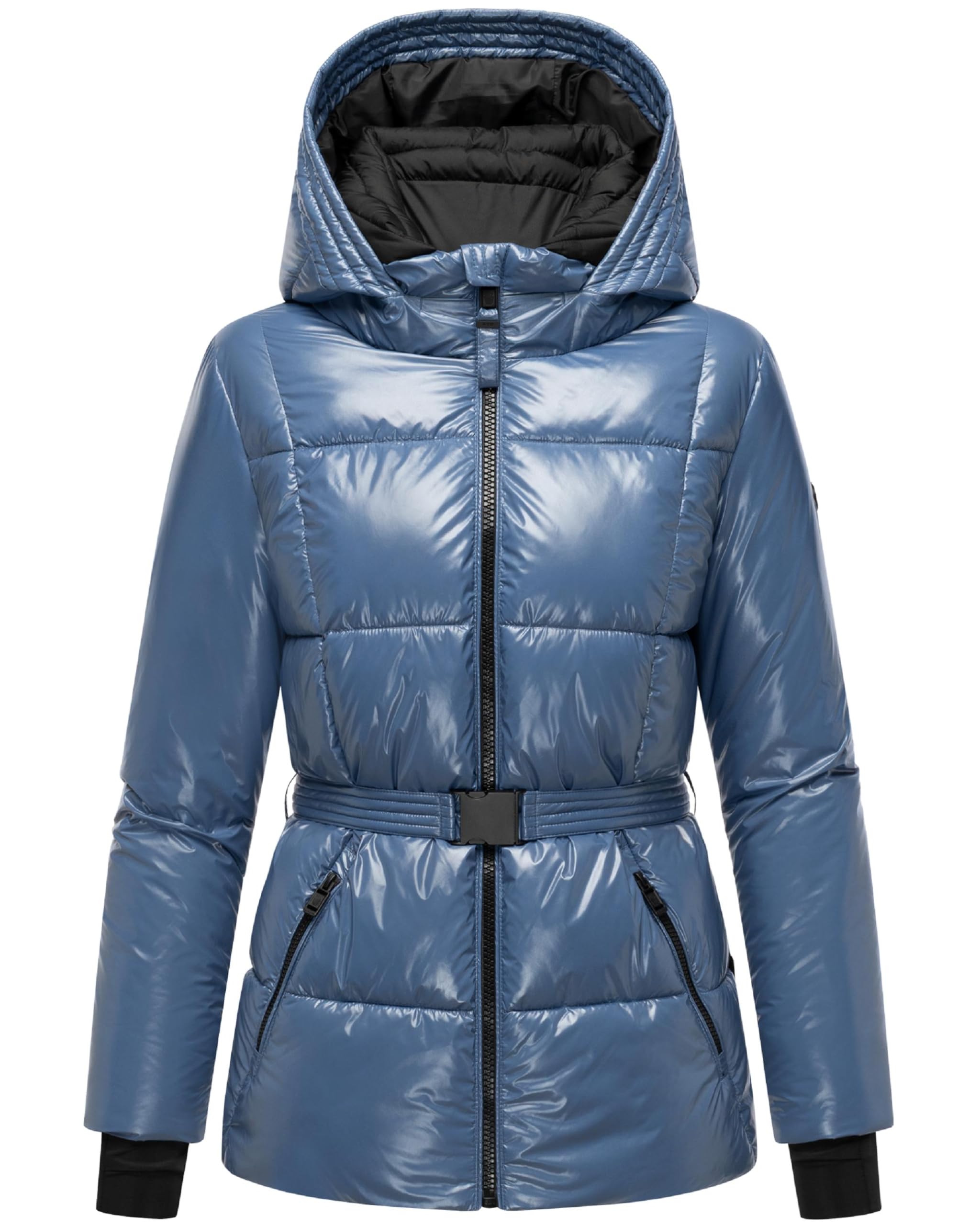 Navahoo Damen Winterjacke glänzende warme Steppjacke mit Taillengürtel Eisglanz 14 XS-XXL