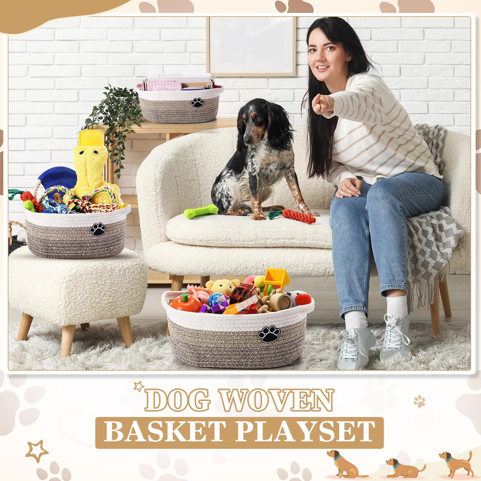 Zopeal Puppy Dog Toy Gift Storage Basket with Dog Toys Set Chew Toys Birthday Gift Basket Teething Interactive Squeaky Duck for Teething Small Medium Large Dogs(Khaki)