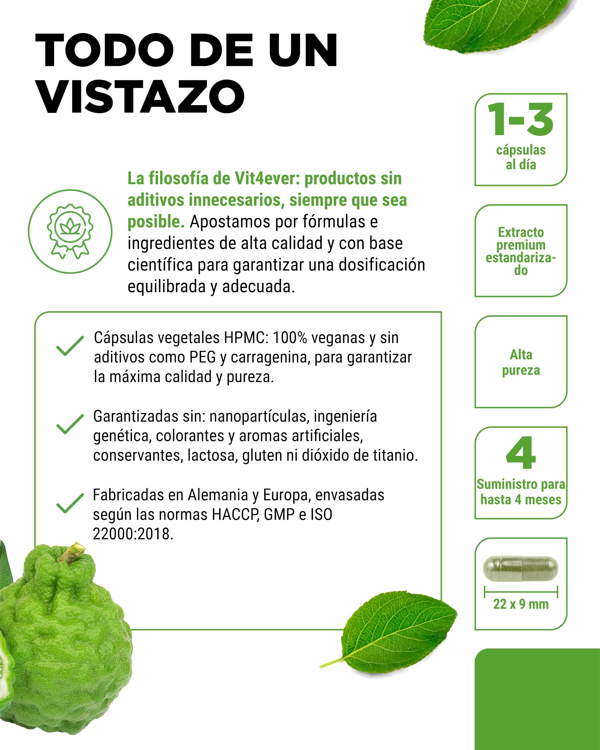 Bergamota cítrica (Citrus bergamia) - 120 cápsulas de alta dosis con 750 mg de extracto por cápsula - Premium: 30% polifenoles - Cruce entre cidra y naranja amarga - Vegano, sin aditivos innecesarios