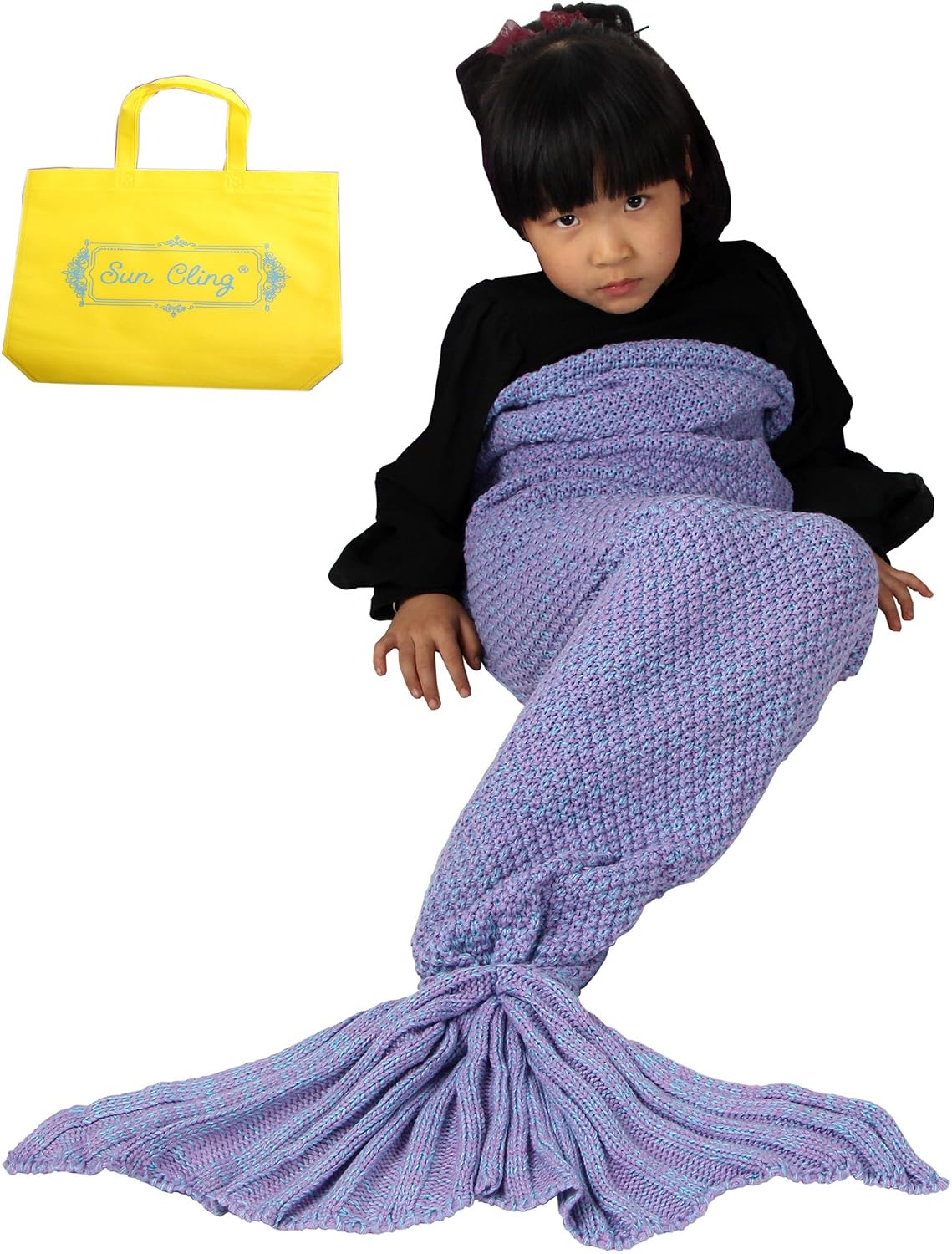 Sun Cling Mermaid Tail Blanket Crochet for Kids Children Living Room Bedroom Sofa Super Soft Blankets Sleeping Bags-Light Purple