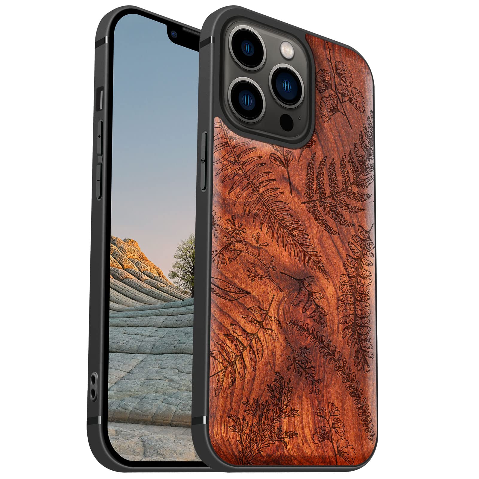 Carveit Magnetic Case for iPhone 13 Pro - Real Wood & Soft TPU Shockproof Protective Cover - Unique & Classy Wooden Case Compatible with MagSafe (Fern