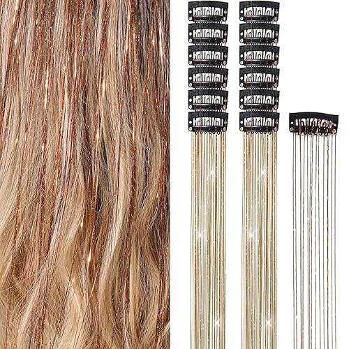 Miniatura 1 de Extensiones de cabello de oropel con clip, kit de oropel de cabello con purpurina para mujer, resistente al calor, 21.5 pulgadas, 12 piezas,