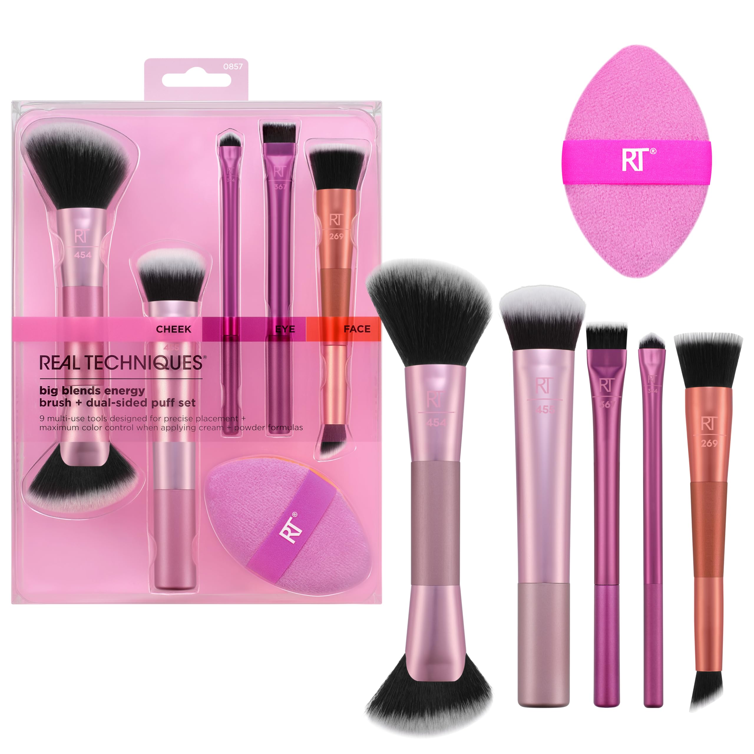 Real Techniques Big Blends Energy Brush + Dual-Sided Puff, 6 Piece Kit for Powder Cream & Liquid Application