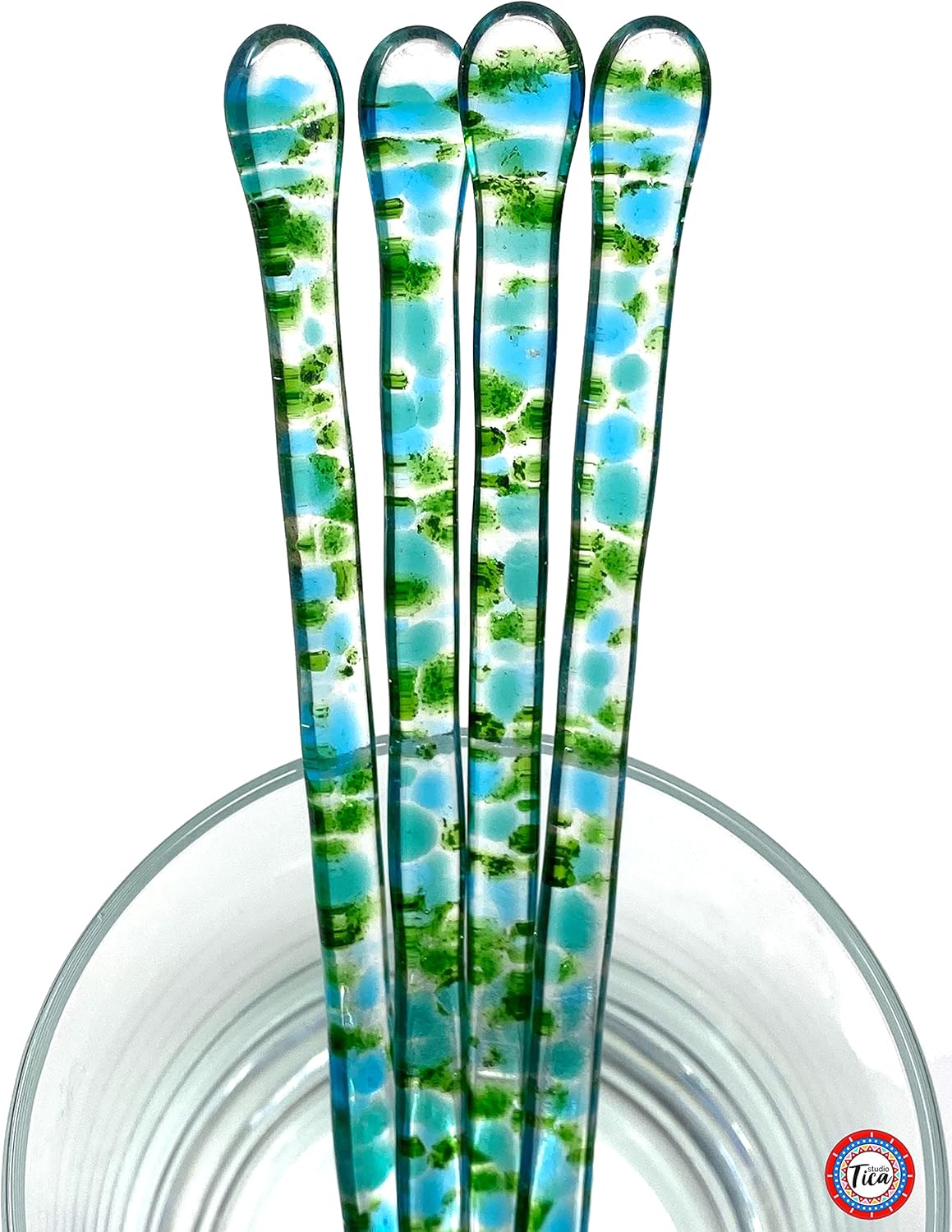 Handmade Glass Swizzle Sticks: The Aiden (Glass Art Collection) - 6.50 inches - Cocktail Coffee Pitcher Hiball Tumbler Stirrers - Set of 4 with Gift Box by studioTica