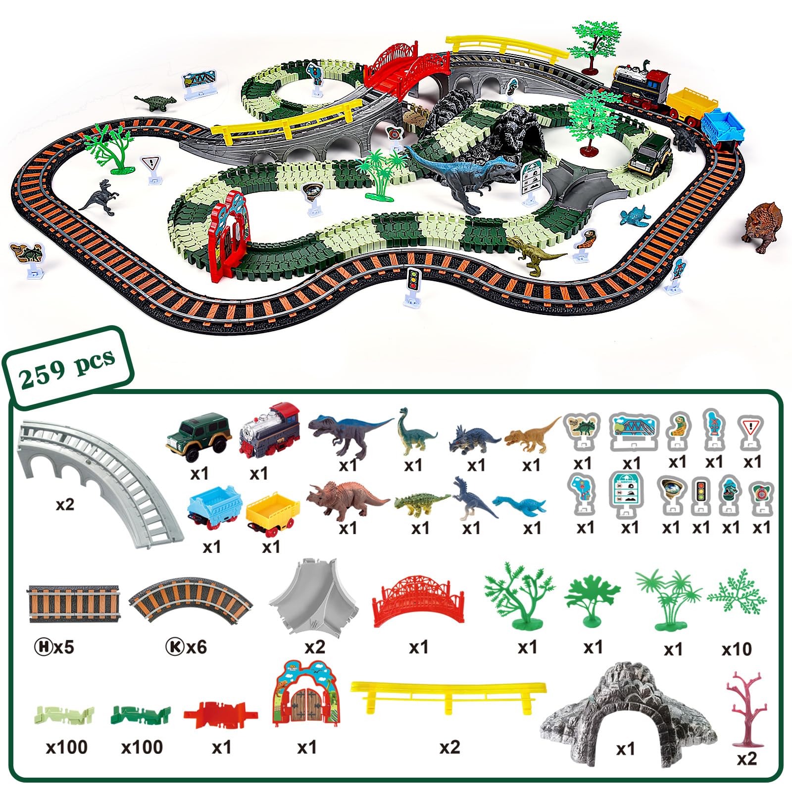 JONRRYIN Eisenbahn Elektrisch, 259 Stück Dinosaurier Elektrische Zug, Eisenbahnschiene Spielzeug mit Zug und Autobahnautos, Autorennbahn Dino Eisenbahn Set für Kinder Ab 2-7 Jahren