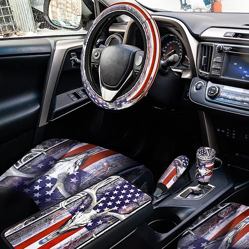 Miniatura 4 de 25 fundas de asiento de camuflaje con bandera estadounidense, accesorios de automóvil de camuflaje de calavera para el 4 de julio, fundas de asiento
