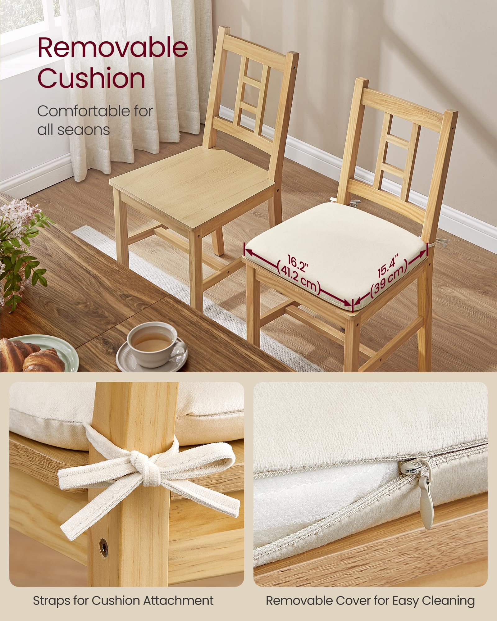 Sillas de comedor de madera, juego de 2, sillas de cocina y comedor, cojín extraíble, respaldo curvo, cada una soporta 264 libras, roble dorado UKDC150N01 5