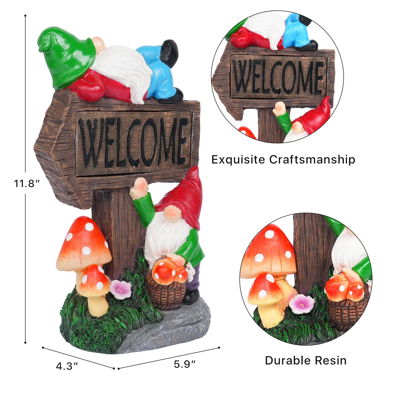 Statuettes de nain de jardin solaires avec panneau de bienvenue - Sculptures et statues de nains de jardin en résine de 30 cm pour terrasse, balcon, cour, pelouse, cadeau de pendaison de crémaillère