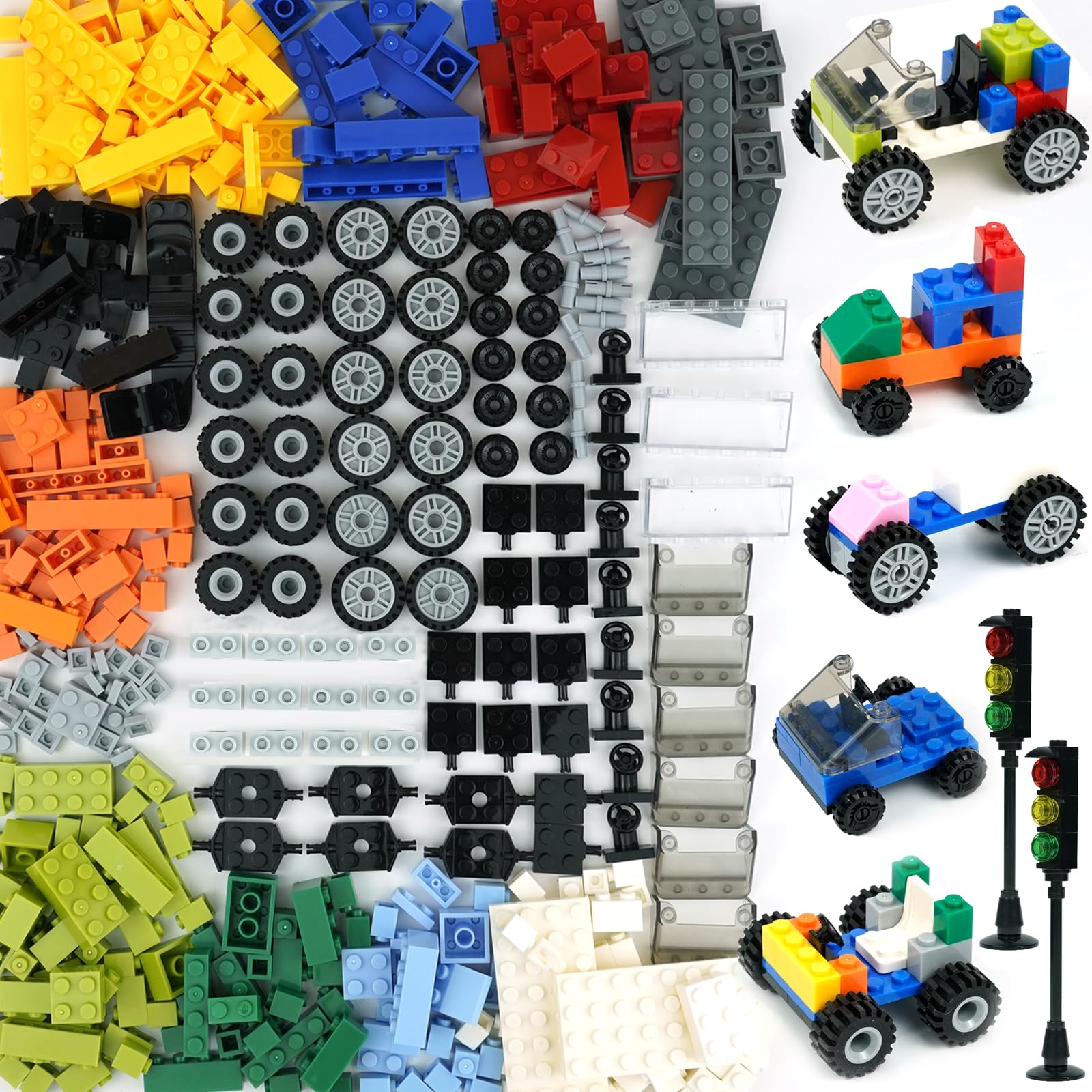 Wheels and Axles Sets with Steering Wheels& &Windshield&Traffic Light, Over 400pcs Classic Bricks Pieces and Car Parts Kits, Basic Bulk Building Blocks Vehicles with Tires
