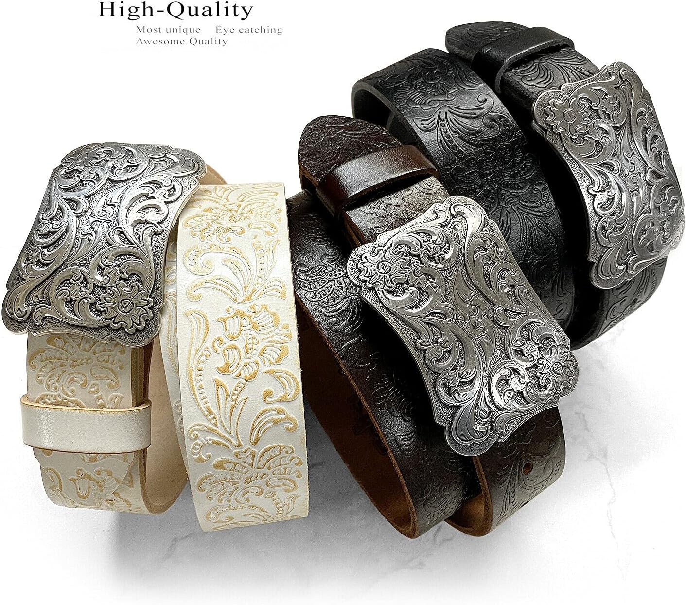 Western Fashion Style Floral Engraved Buckle Full Grain Genuine Leather Belt 1-1/2" (38mm) Wide - Assembled in the U.S - Image 2