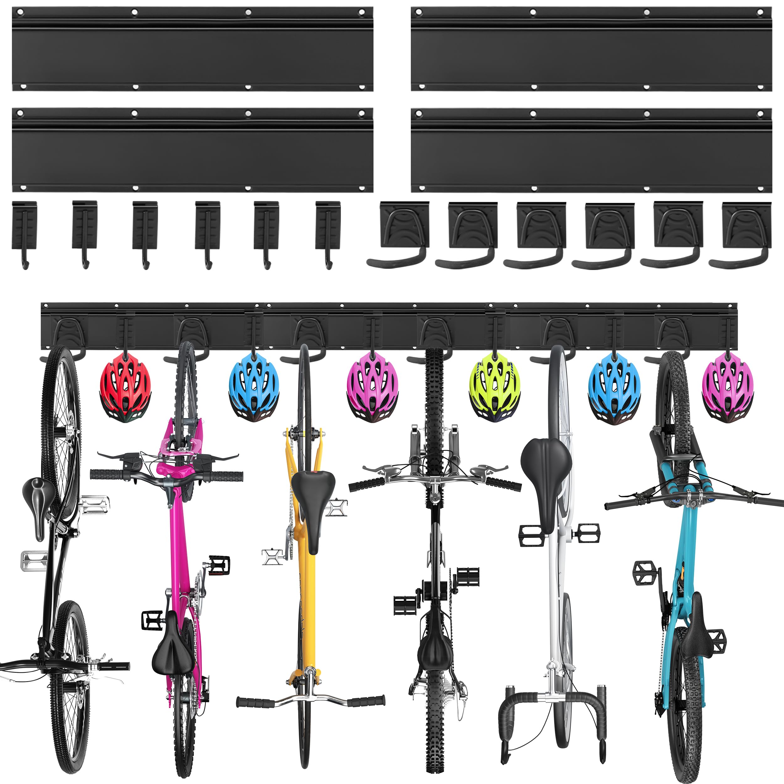 Sinoer 6-Bike & 6-Helmet Wall Mount Rack - 64 Inch Adjustable Bike Storage, Heavy Duty Steel Hooks, Space-Saving Bike Organizer for Home & Garage