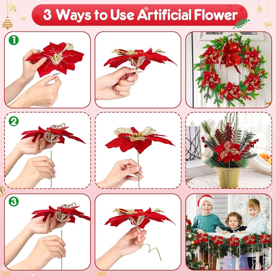Amazon｜20個パック ゴールドレッド ポインセチア 造花