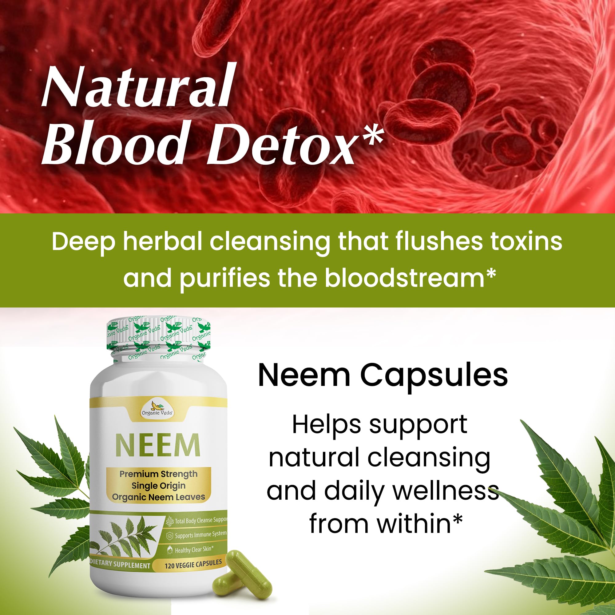 Organic Veda Neem Capsules – Herbal Supplement for Clear Skin, Immune & Gut Health For Men & Women - Single Origin True Green Neem Leaf Powder - Purifying & Cleansing Ayurveda Herb, 120 Vegan Capsules — Amazon image 8