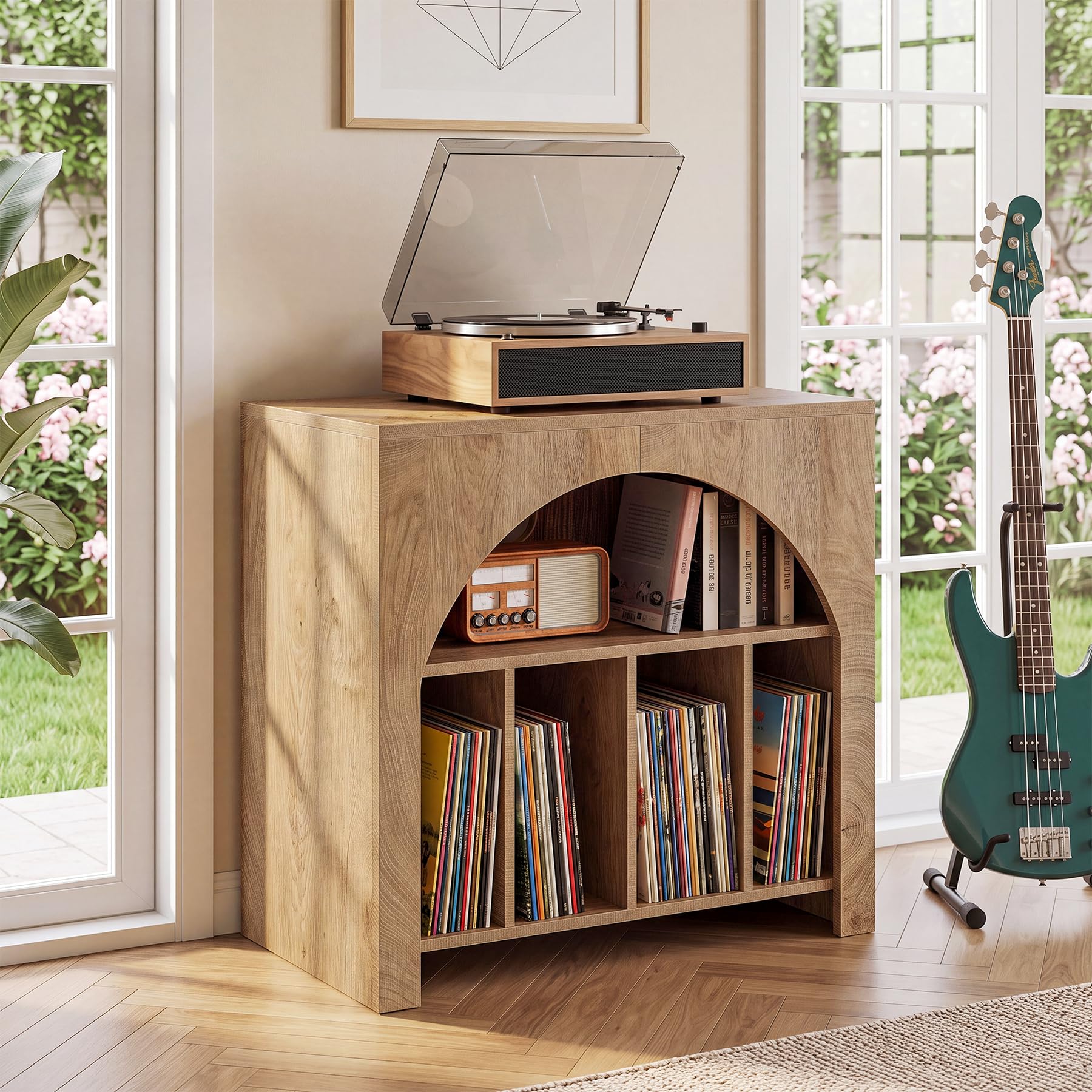 Tribesigns Supporto per Giradischi, 80 x 40 x 70 cm, Può Contenere Fino a 370 Dischi, Porta Dischi in Vinile in Stile Mid-Century con Gambe in Legno per Circa Vinili, CD, Album, Giradischi, Marrone