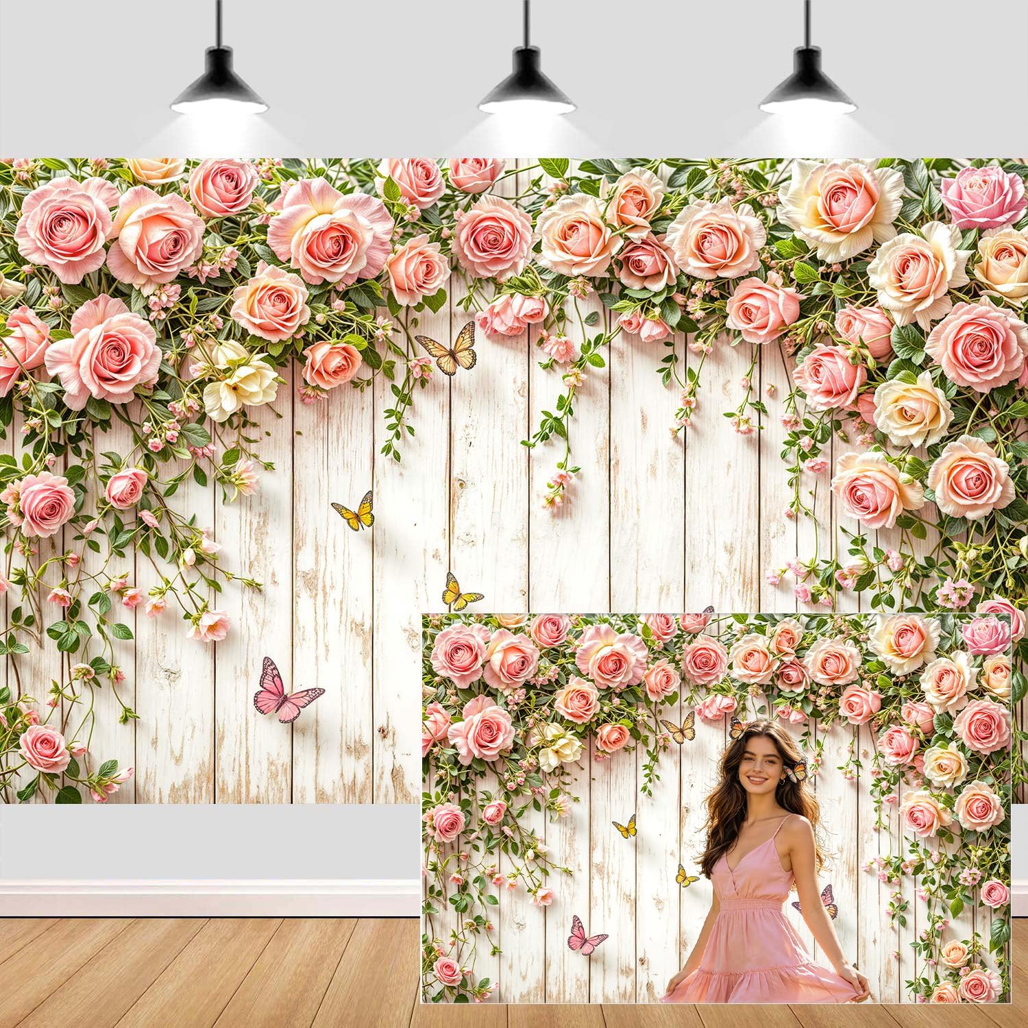 10X8fT Pink Roses Floral Backdrop Rustic Wooden Flowers Butterfly Photography Background Romantic Elegant Garden Wedding Bridal Shower Birthday Party Decorations Banner Studio Photo Booth Props