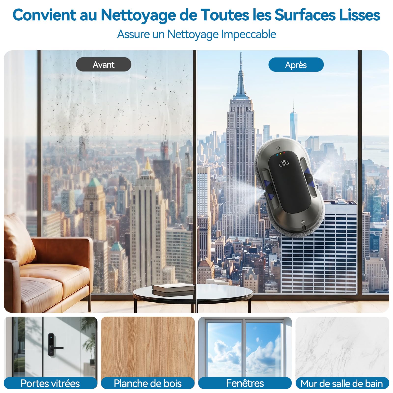 Robot Laveur de Vitre, 6500Pa Robot Nettoyeur de Vitres Automatique, Fonction Vaporisation, 3 Modes, Navigation Intelligente, Détection Bords, 10 Lingettes, pour Un Entretien Efficace des Vitres