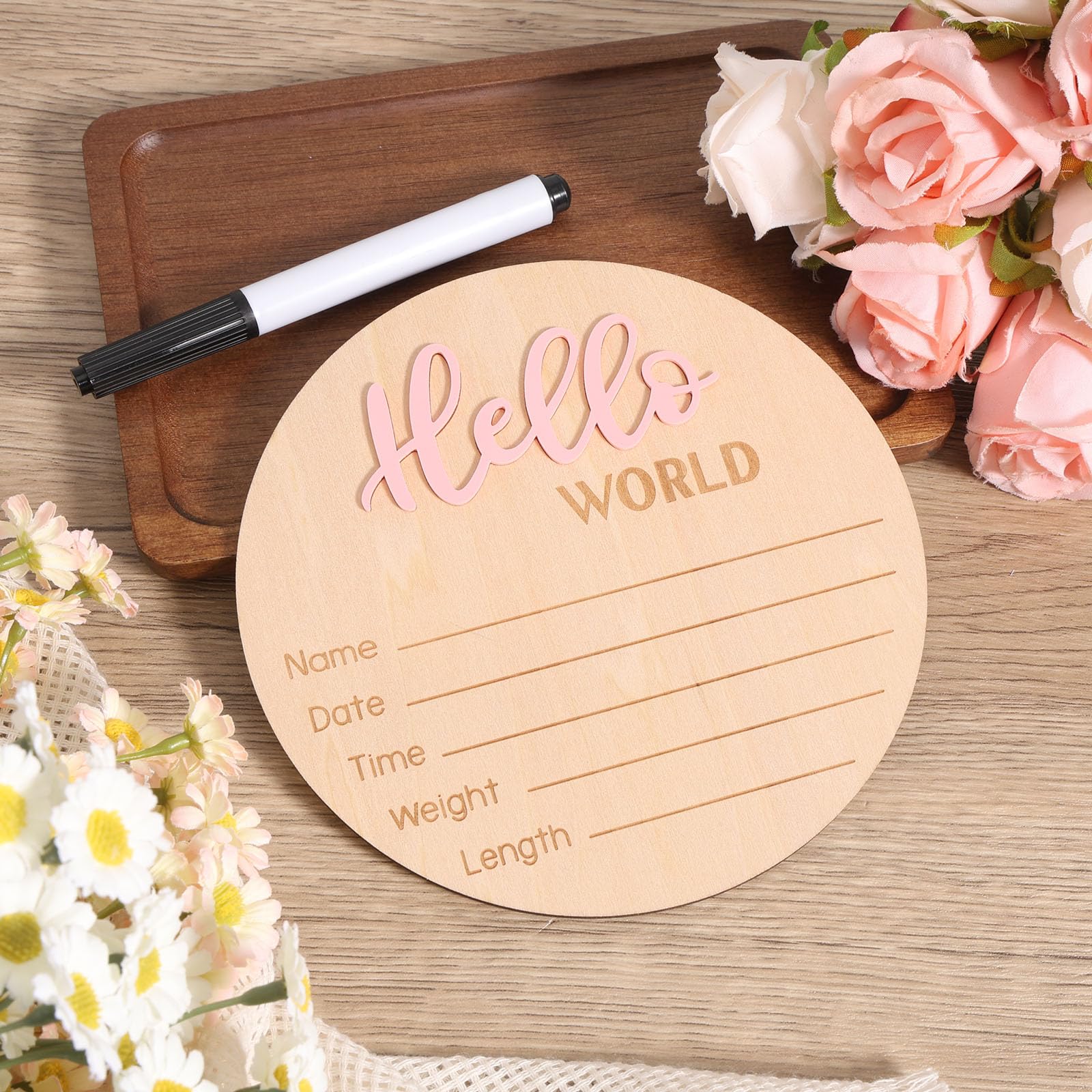 Cartello di Annuncio del Neonato in Legno 15 cm con Scritta Hello World Rosa Chiaro per Baby Shower