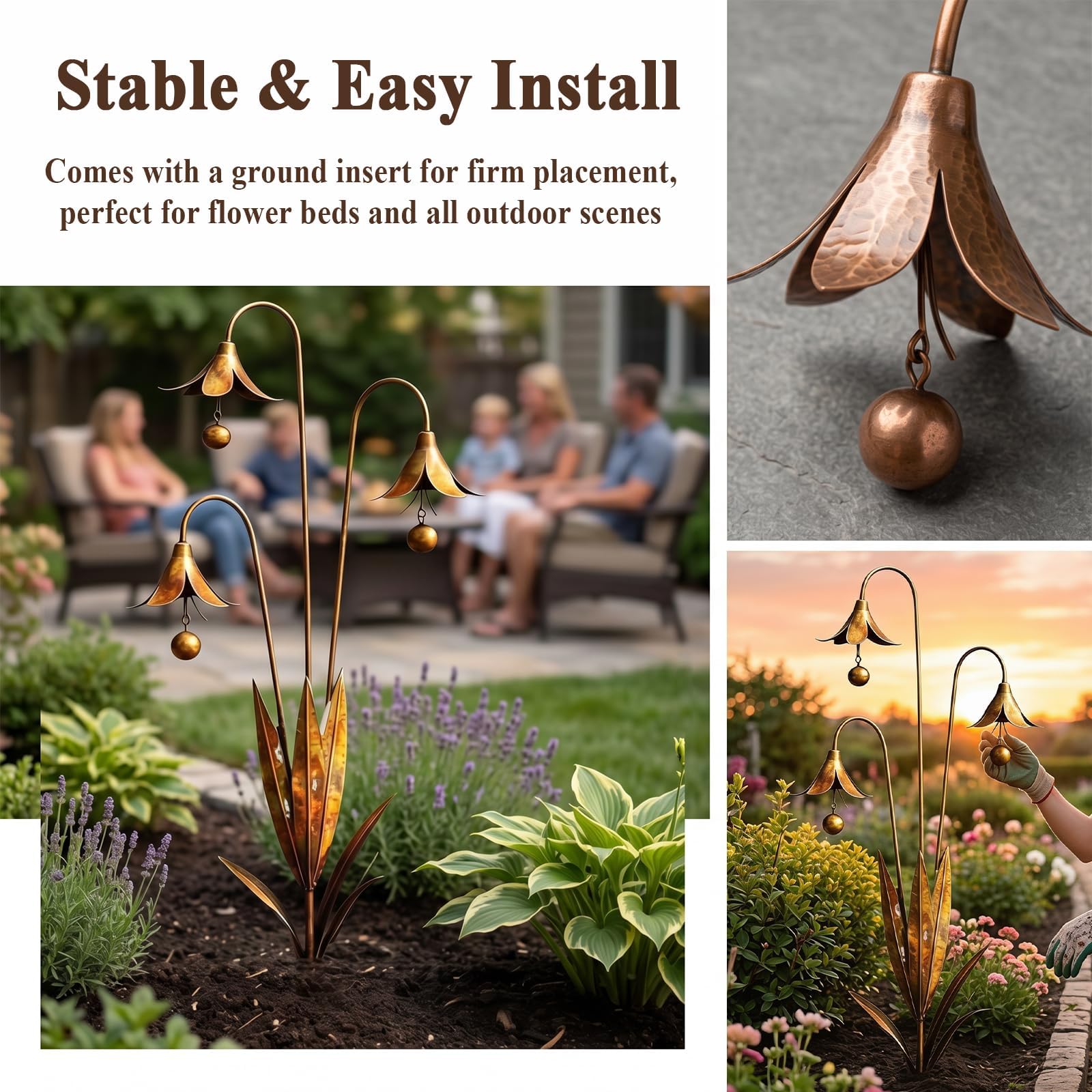 Gartenstecker aus geflammtem Kupfer mit DREI Calla-lilien und glöckchen, regenfänger, pflanzenskulptur aus Metall-Blume, rustikale Windspiel für Rasen, terrasse und Garten (B*2)