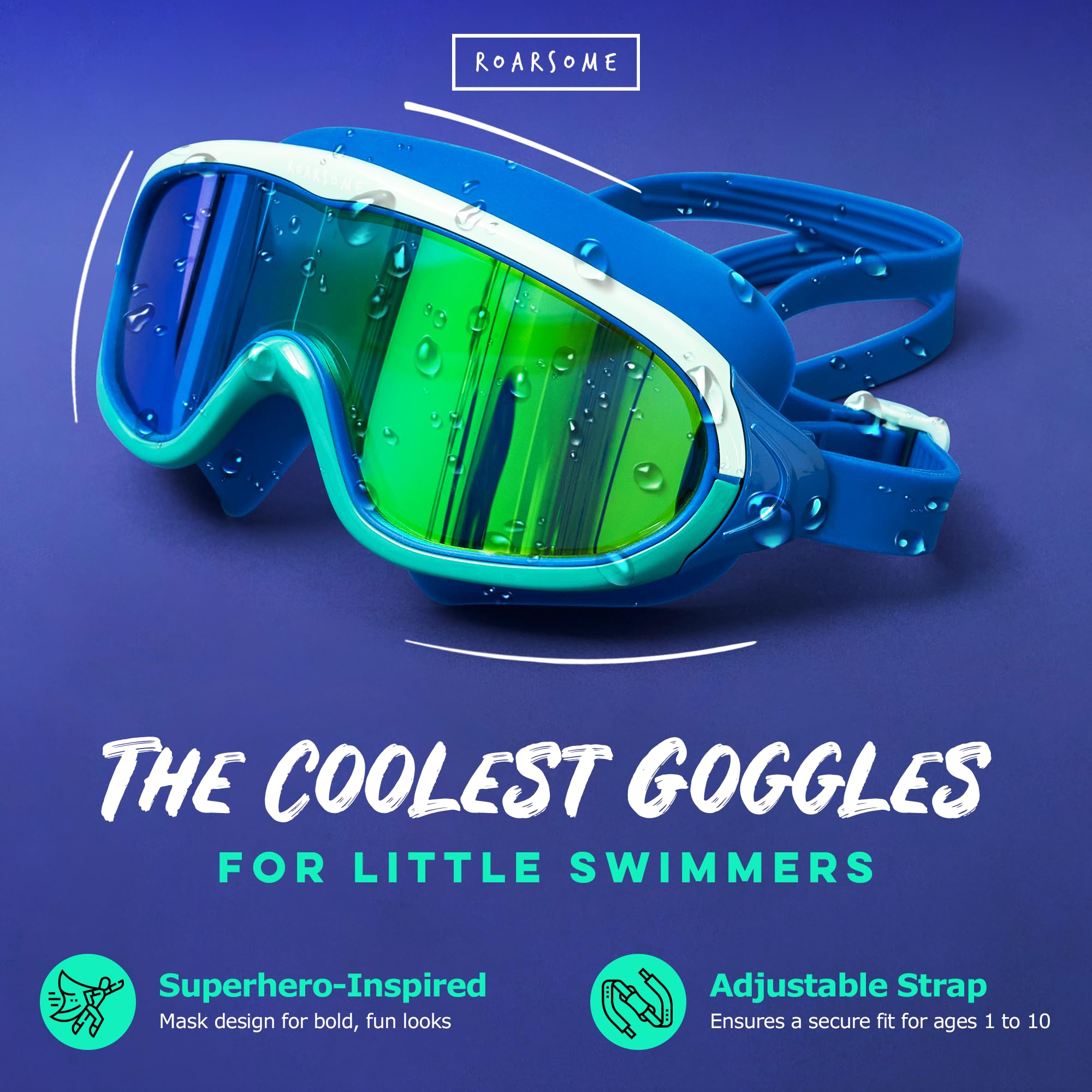 Roarsome Gafas de natación, lente de visión ultra ancha, antivaho y protección UV, ajuste de silicona suave, diseño a prueba de fugas, correa ajustable, unisex, talla única, ideal para piscina, océano