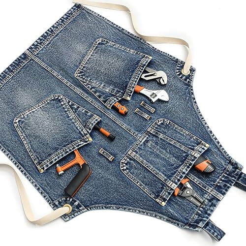 Miniatura 7 de Jeanerlor Delantal de trabajo para mujer y hombre ajustable S-XXL (azul oscuro), Azul mezclilla