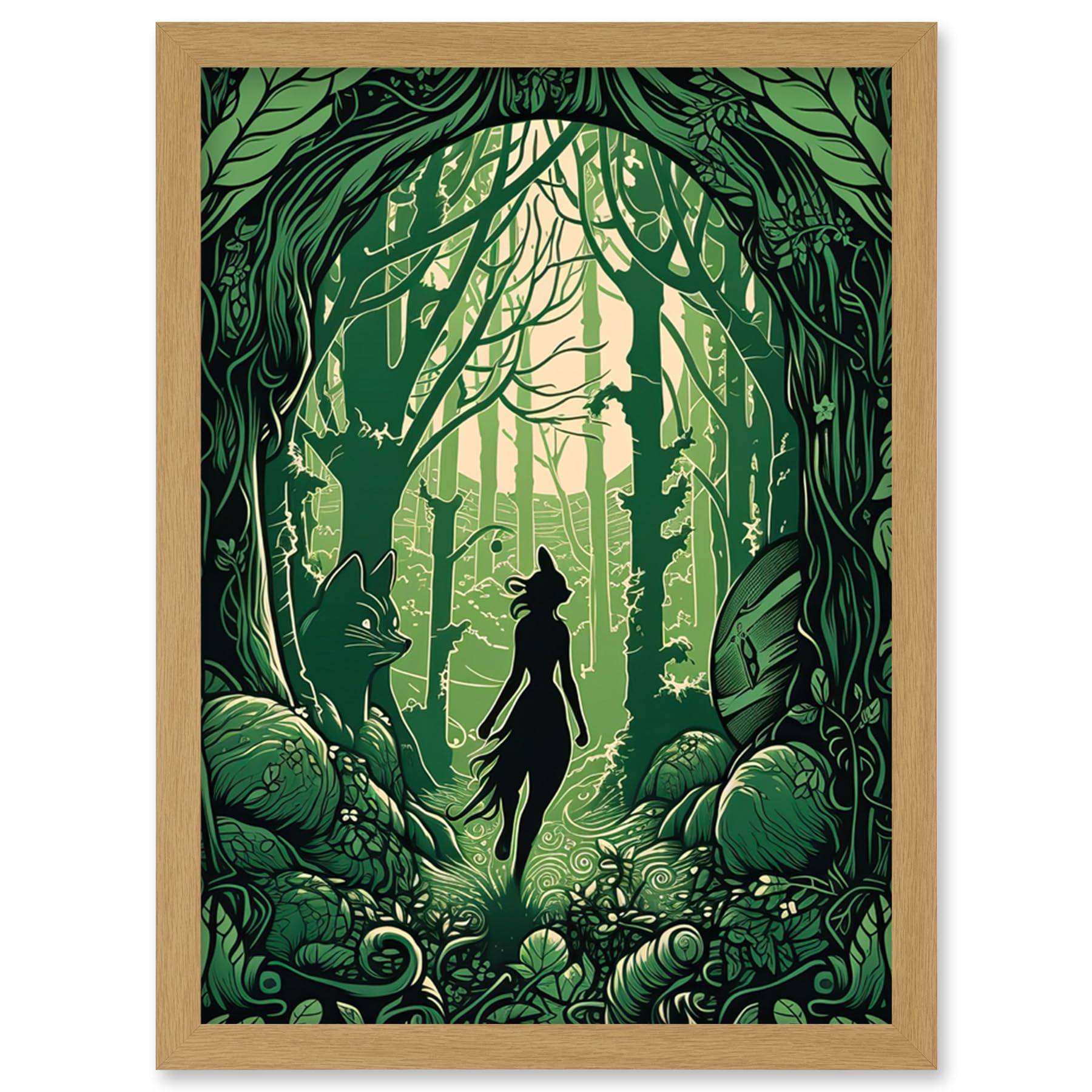 Artery8 Anthropomorphic Fox Silhouette Forest Art Nouveau Artwork Framed Wall Art Print A4