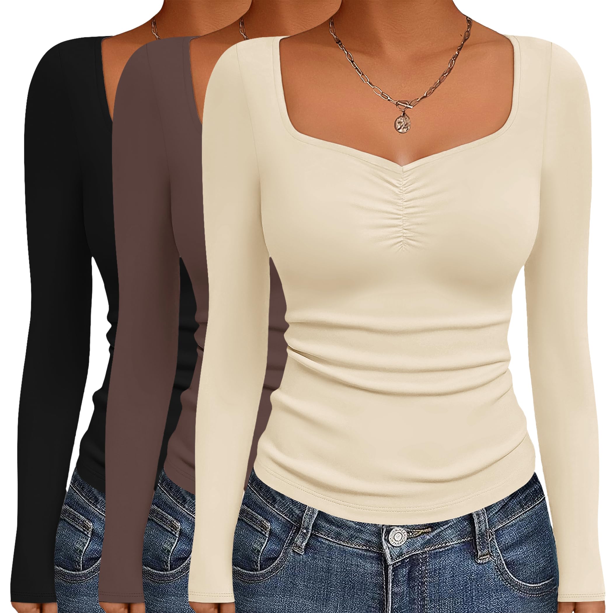 Ekouaer 3 Packs Womens Long Sleeve Tops Sweetheart Neck Fitted Shirts Basic Layering Tee Soft Undershirts Fall Outfits