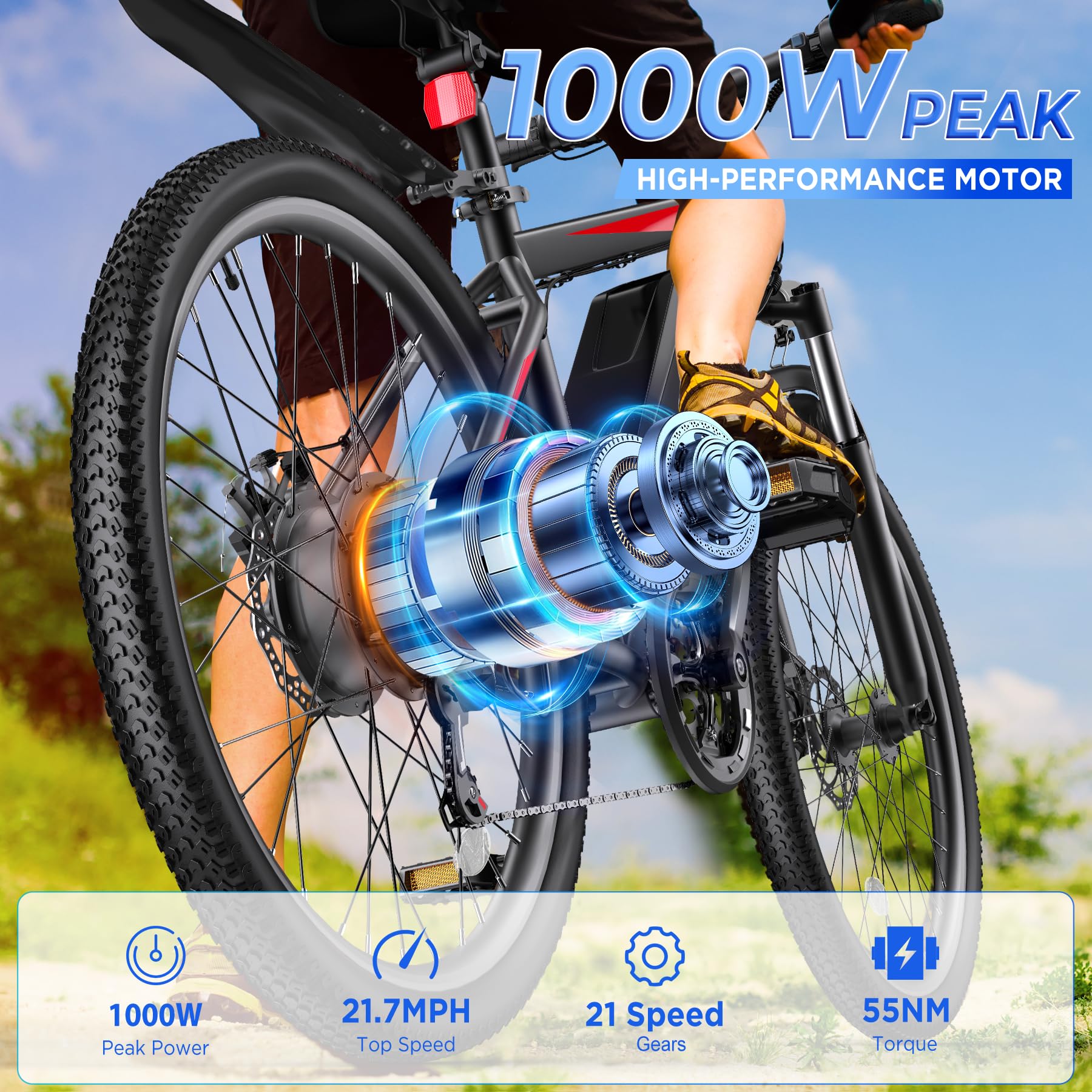 Funhang Electric Bike, 26'' 1000W Peak Ebike, Up to 50 Miles 21.7MPH Electric Mountain Bike with 48V Removable Battery, Front Suspension, 7 Speed, UL 2849 Certified — view 2