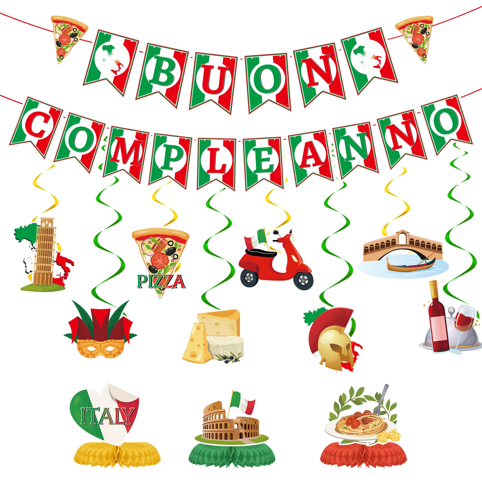 Italian Party Decorations Pizza Supplies - 13 Pcs Buon Compleanno Banner Hanging Swirls Honeycomb Centerpieces Table Decor For Italy Themed Birthday Decorations Italy Baby Shower Gender Reveal Party