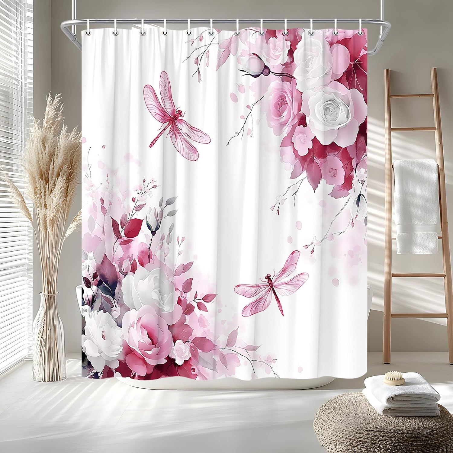 Pink Flower Dragonfly Shower Curtain Watercolor Rose Floral Spring Summer Green Leaves Rustic Nature Plant Bath Curtain Fabric Bathroom Accessories Decor with Hooks 70W x90L