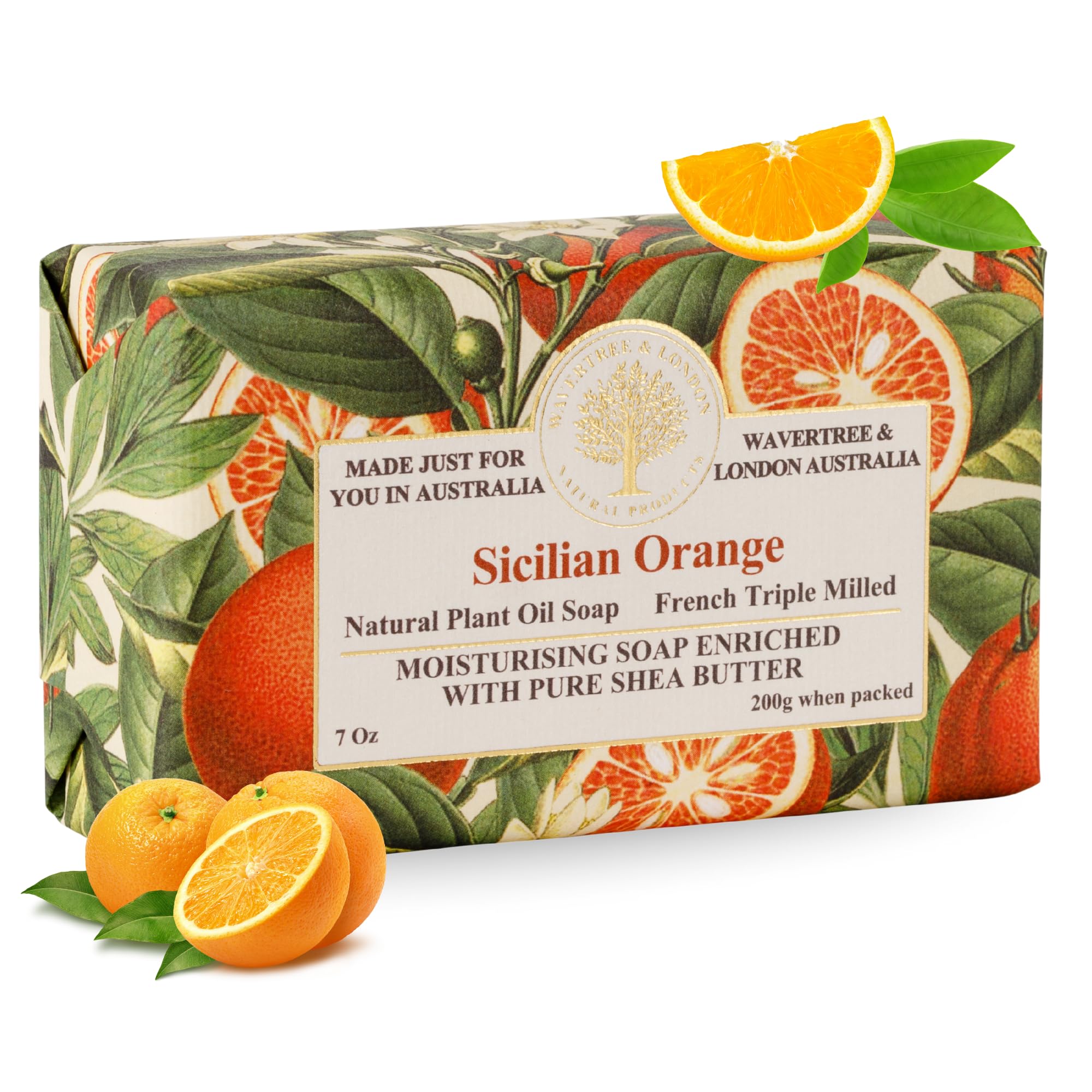 Wavertree & London Sicilian Orange Scented Natural Soap Bar, 7oz Moisturizing French Triple Milled Soap Bar for Women & Men Enriched with Organic Shea Butter, Pure Bath & Body Soap (1 Bar)