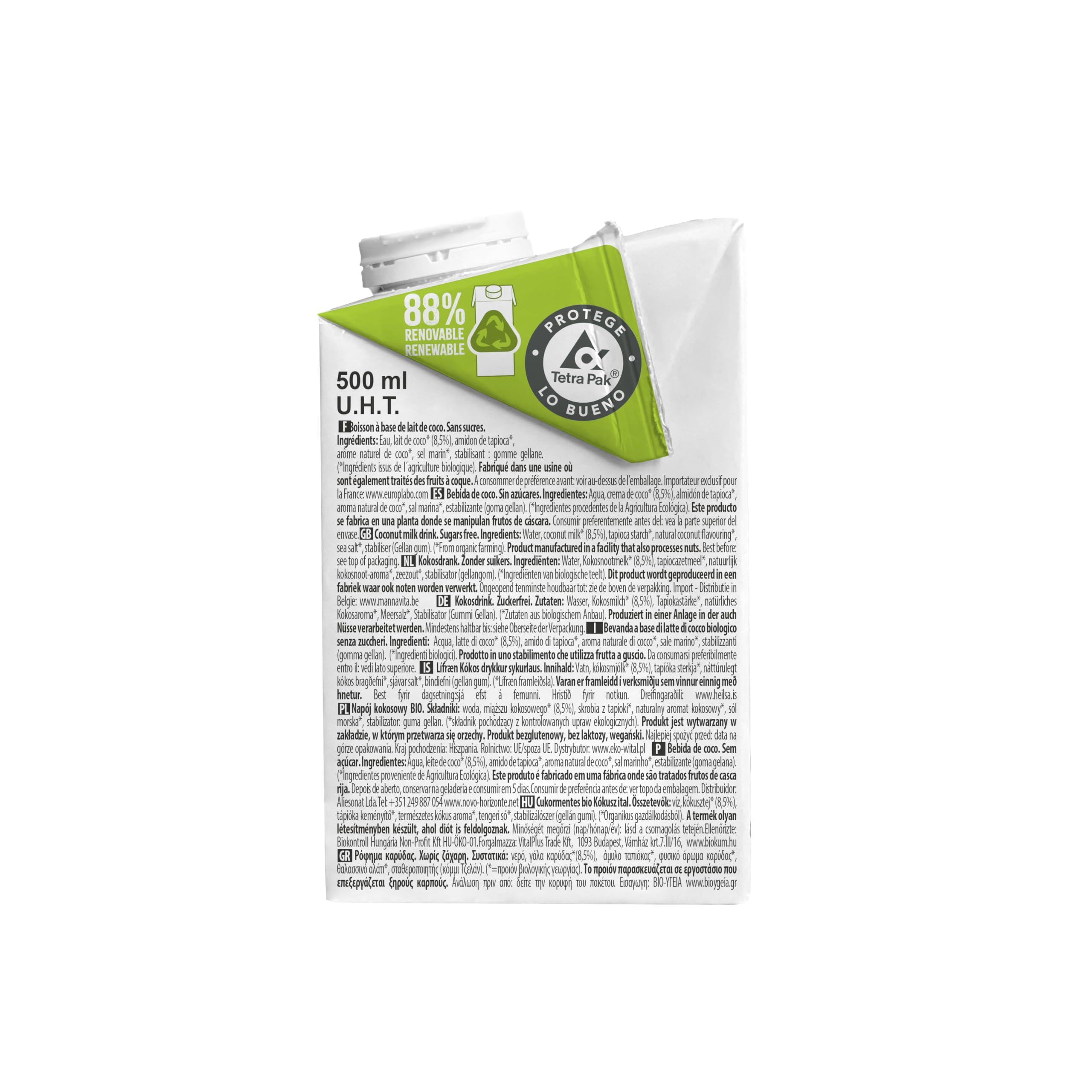 Ecomil Leche de coco Bio 500ml Sin lactosa sin gluten sin soja
