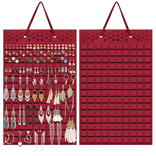 Yanmucy Earring Holder Organizer Hanging Holds Up to 300 Pairs Wall Mount Jewelry Storage Bag Earring Holder For Girls Women (Red) - Red