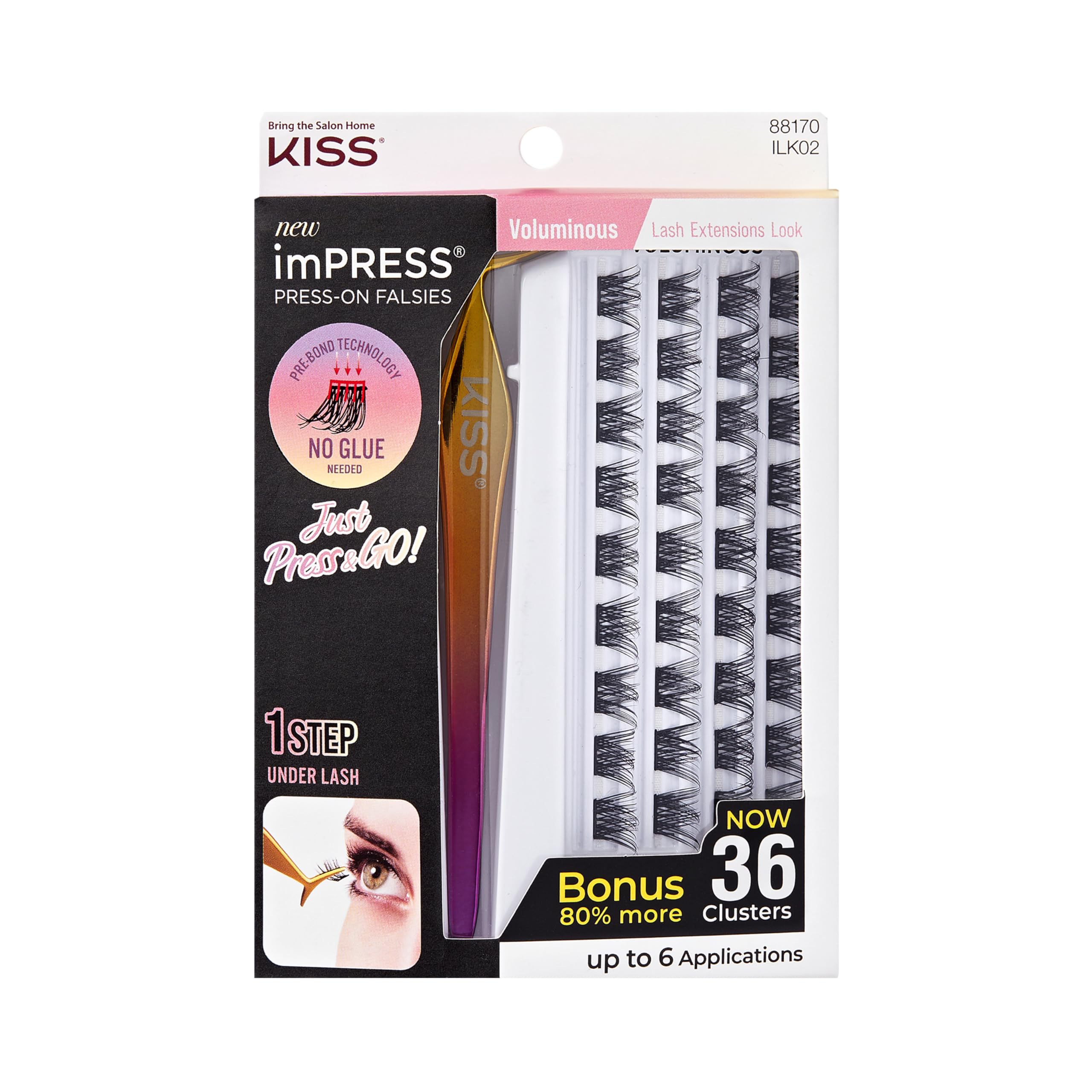 KISS imPRESS Falsies Self Adhesive Eyelashes, Press On Lashes, 12mm-14mm Glam Volume Lashes, Black, No Glue Needed, Invisible Band, 36 Lash Clusters & Non-Stick Applicator - Voluminous