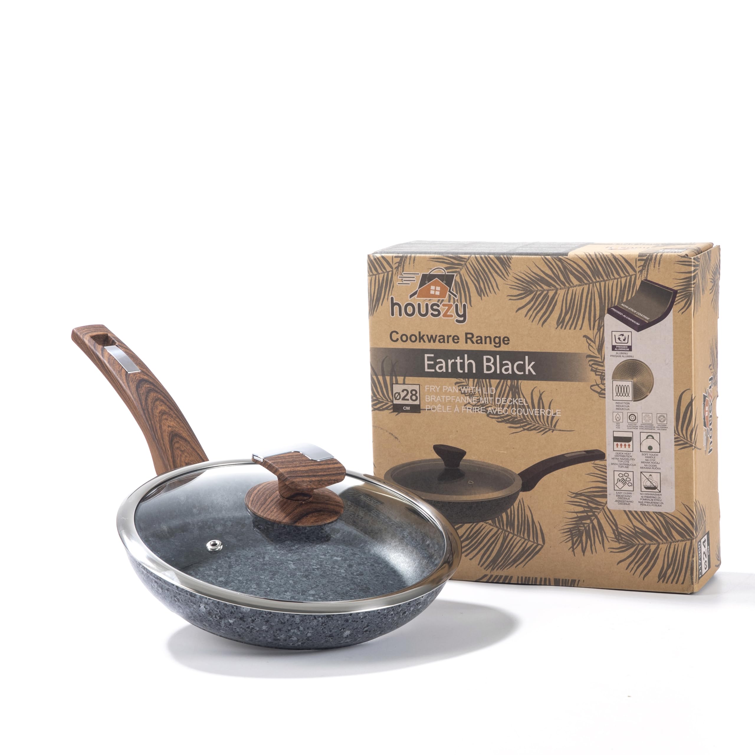 Non-Stick Frying Pan with Lid – 24cm, Non-Stick Granite Coated Induction Hob Skillet, Scratch-Resistant Cooking Surface, Ergonomic Bakelite Handle, Glass Lid Included