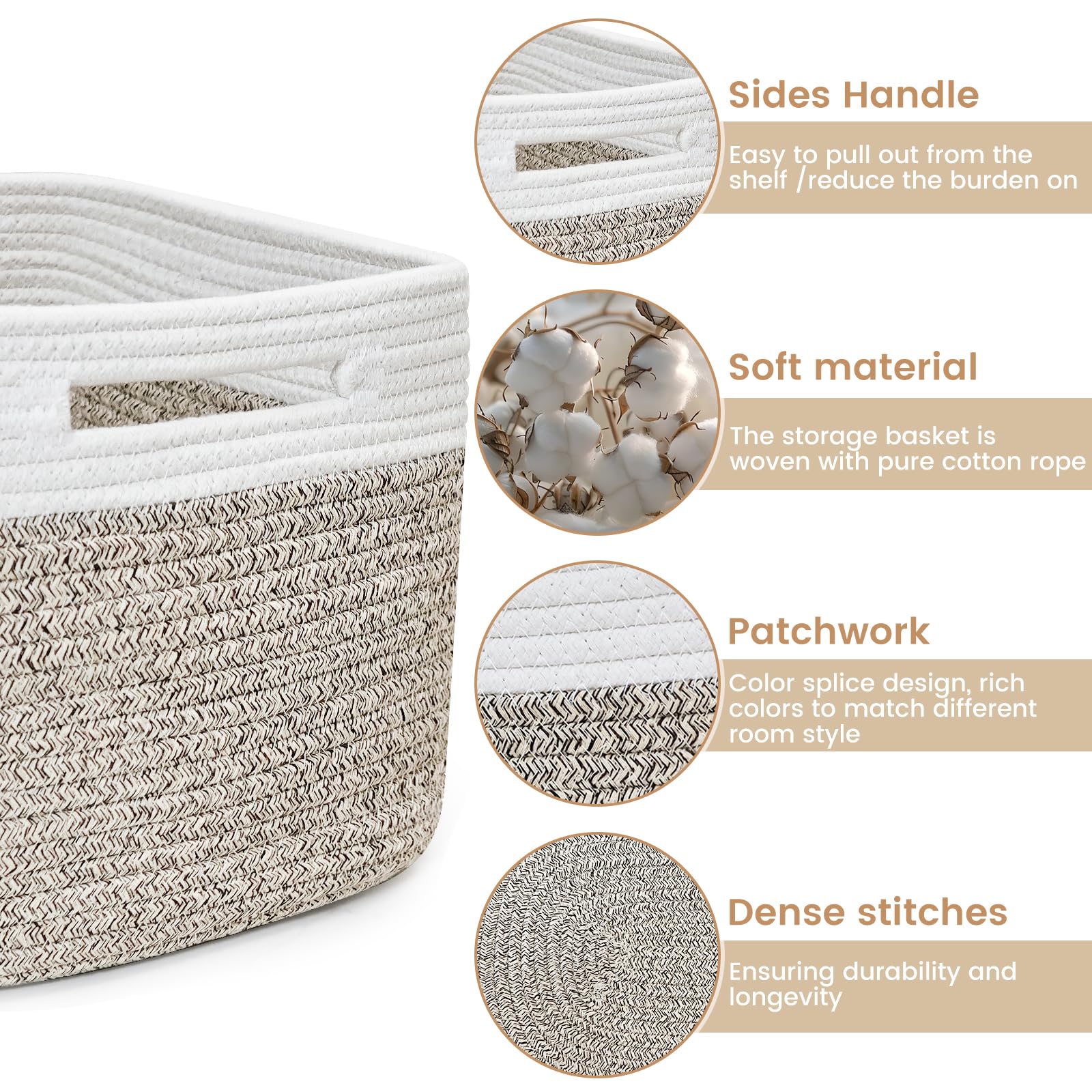 Shelf Woven Storage Basket, Closet Rope Baskets For Organizing, 15 x 10 x 9” Square Bins with Handles, White+Rice Brown 1 Pack