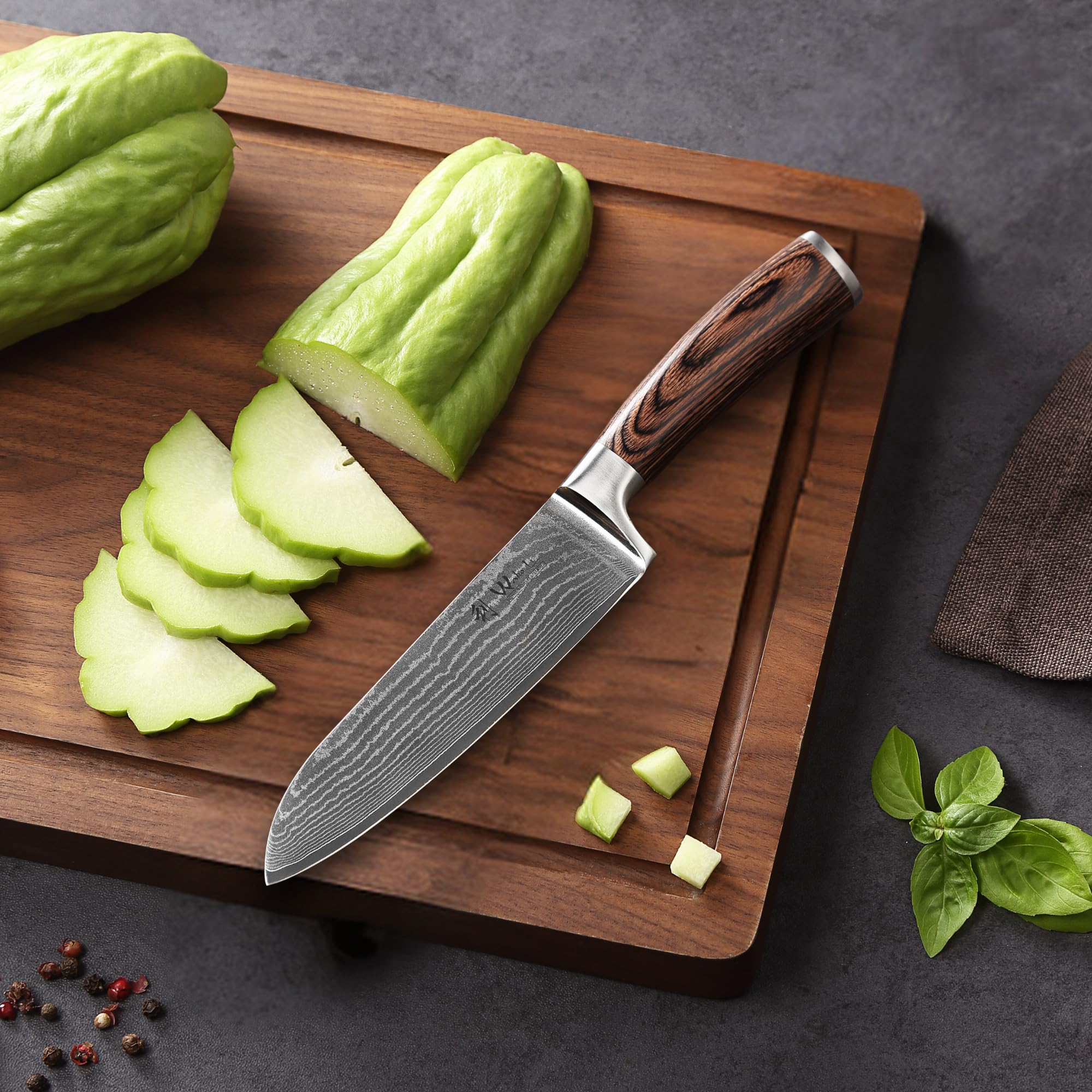 WAKOLI EDIB juego de cuchillos de cocina de 5 piezas con bloque magnético, acero de damasco con núcleo VG10, hojas de 8,5 a 20 cm, chef, Santoku, carne, Santoku pequeño y cuchillo de oficio