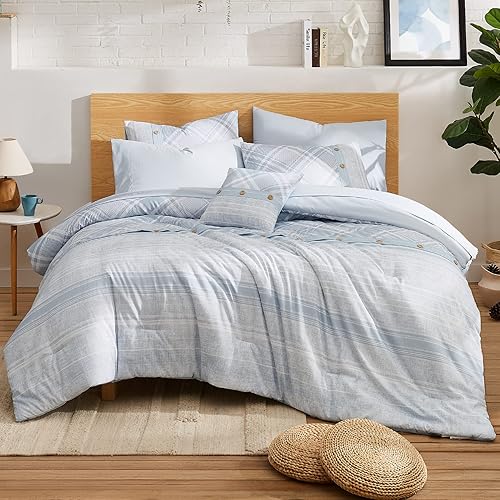 Miniatura 1 de WRENSONGE Juego de edredón a cuadros tamaño King, juego de ropa de cama de 8 piezas estampado azul claro y empalmado a rayas a cuadros, juego de