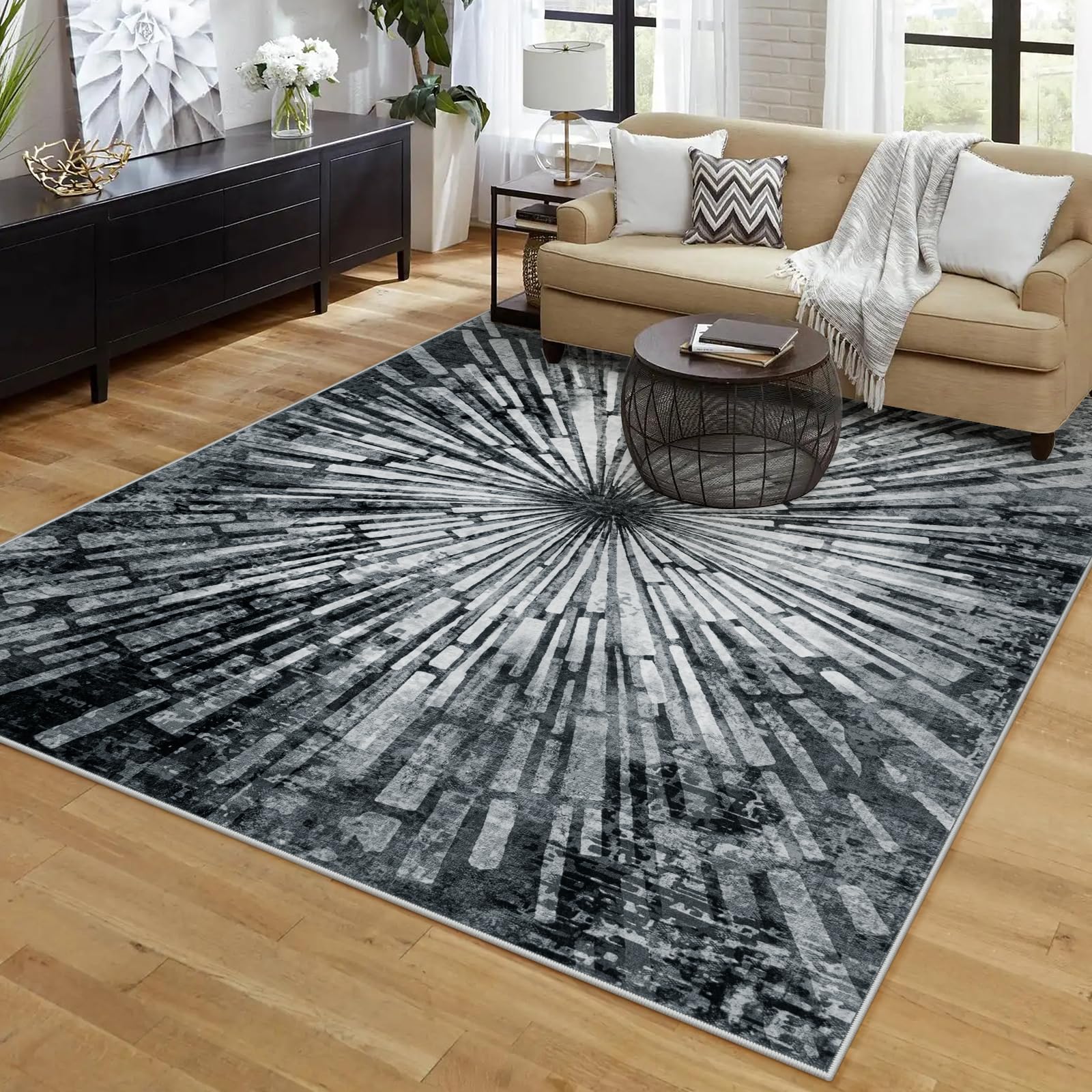 Lahome Manon Black 5x7 Area Rugs Living Room Rug, Modern Low Pile Soft Bedroom Rug, Washable Non Slip Abstract Indoor Floor Carpet for Dining Room