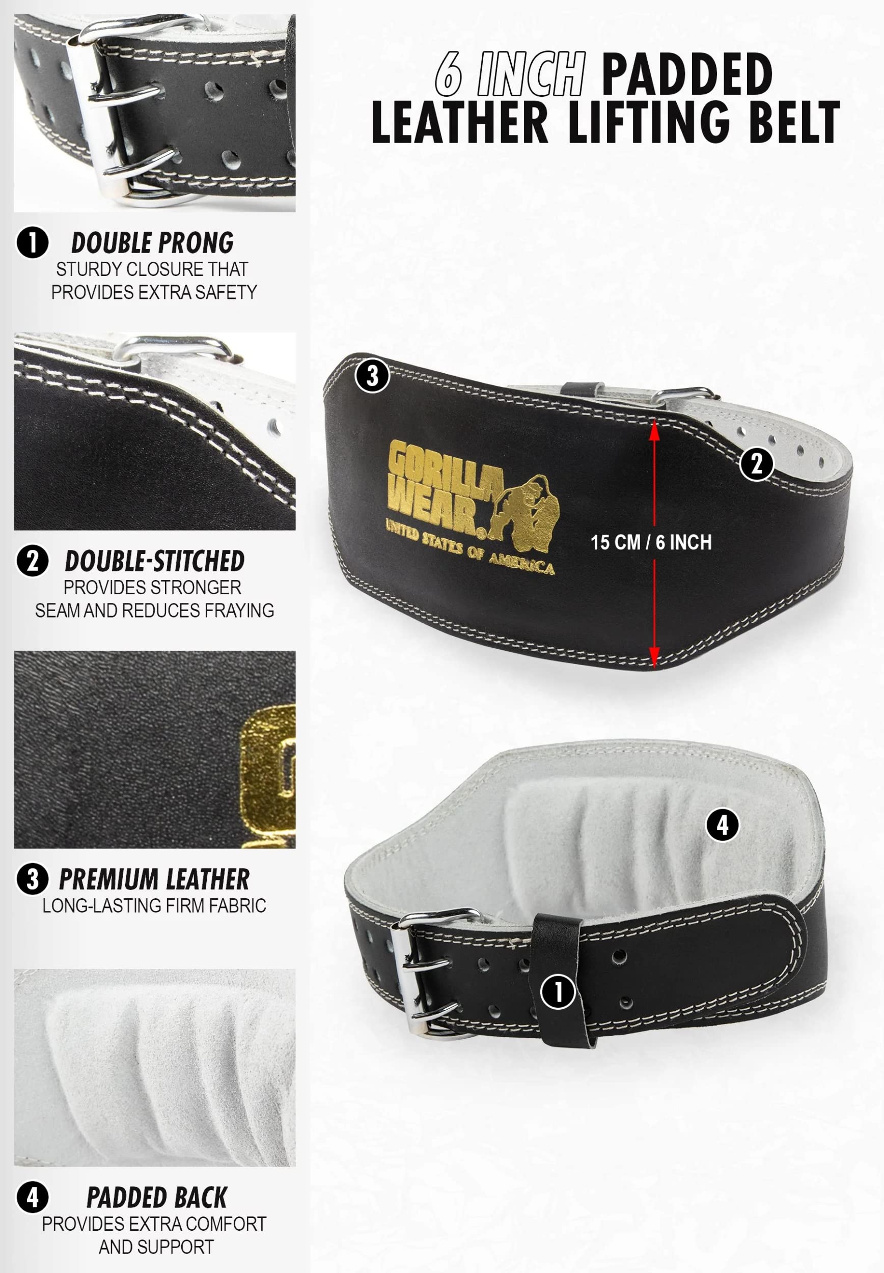 Gorilla Wear - 6 Inch Padded Leather Lifting Belt - Schwarz/Schwarz - Bodybuilding Krafttraining Gym Training Gewichtheben Unterstützung Stabilisierung mit Logos für Sport aus Leder, XXL-3XL