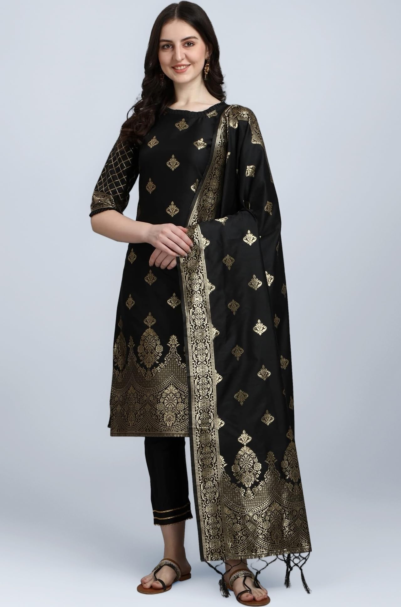 VredeVogel Women's Cotton Silk Jacquard Kurta Pant with Dupatta Set