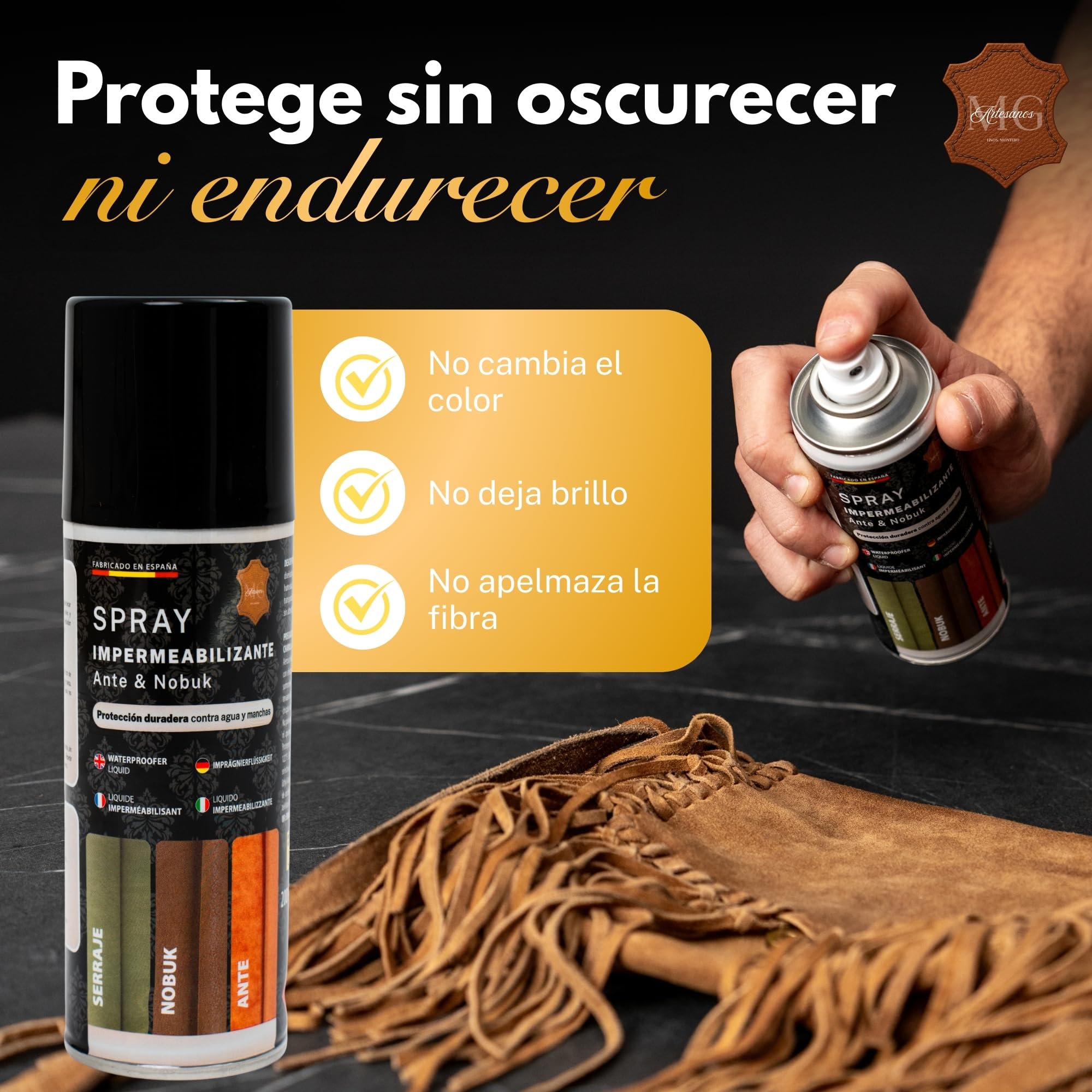 MG ARTESANOS | Spray Impermeabilizante para Calzado y Accesorios – Protector para Ante y Nobuk, Repelente de Agua y Manchas para Zapatillas, Botas y Bolsos
