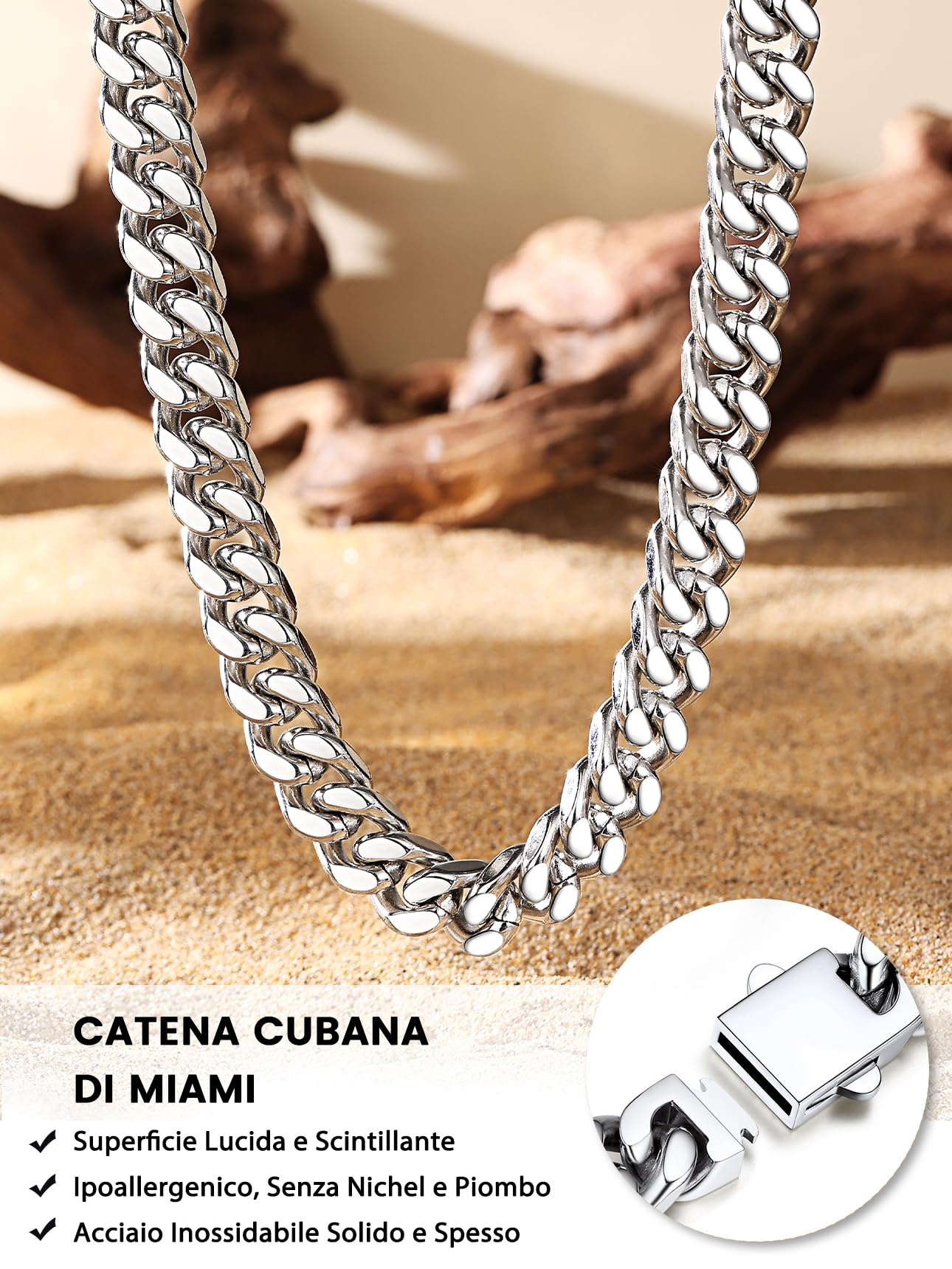 Bestyle Collana Uomo Donna a Catena Cubana Miami in Acciaio Inossidabile 5/7/8/12MM, Grossa Robusta Colore Argento/Oro/Nero, Lunghezza 46–76CM Stile Hip Hop Punk