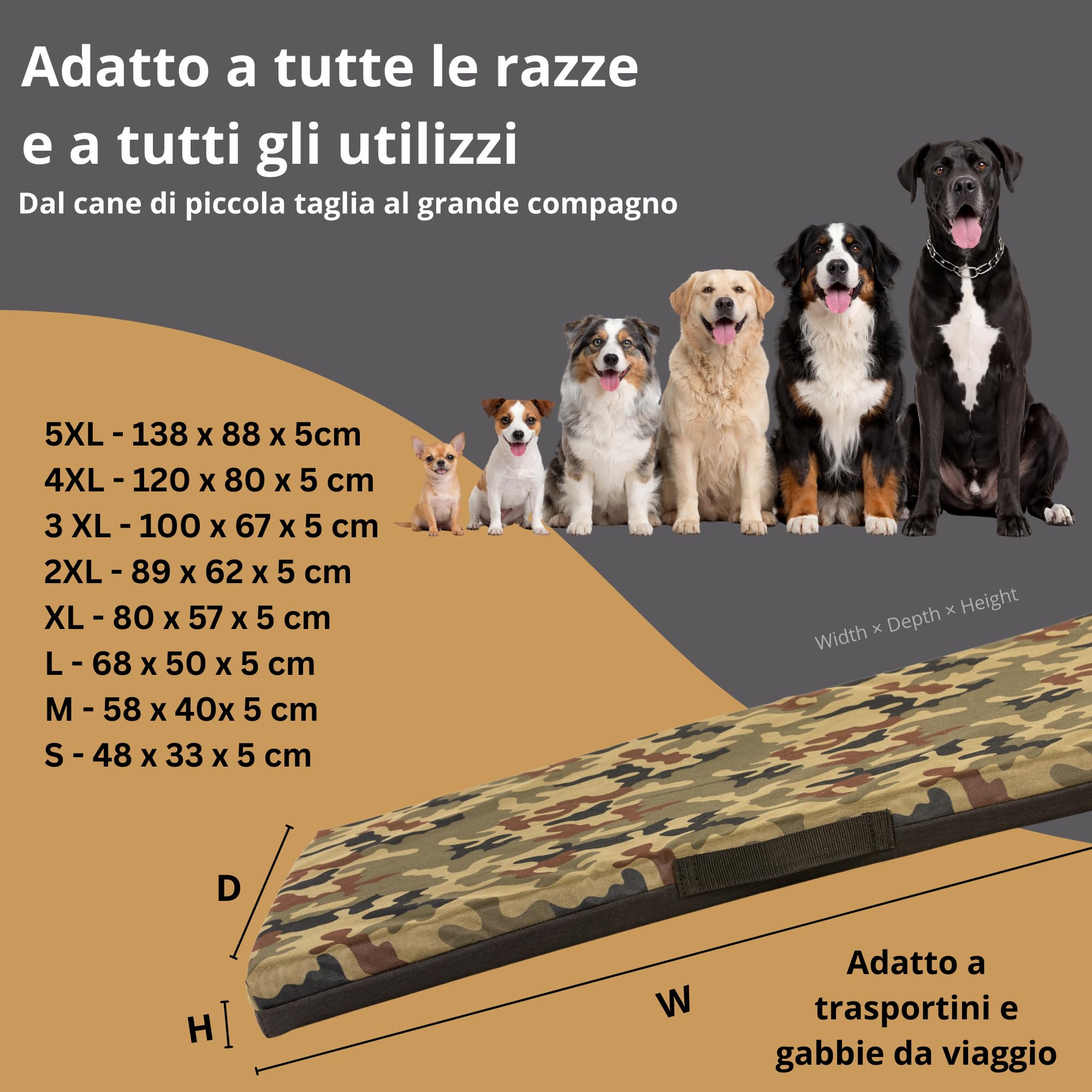 COOL PET Materasso per cani, spessore 5 cm, in schiuma fredda ortopedica (Memory Foam), tessuto Oxford 600D, con rivestimento in PVC, dimensioni 4XL-120 x 80 cm, mimetico 1