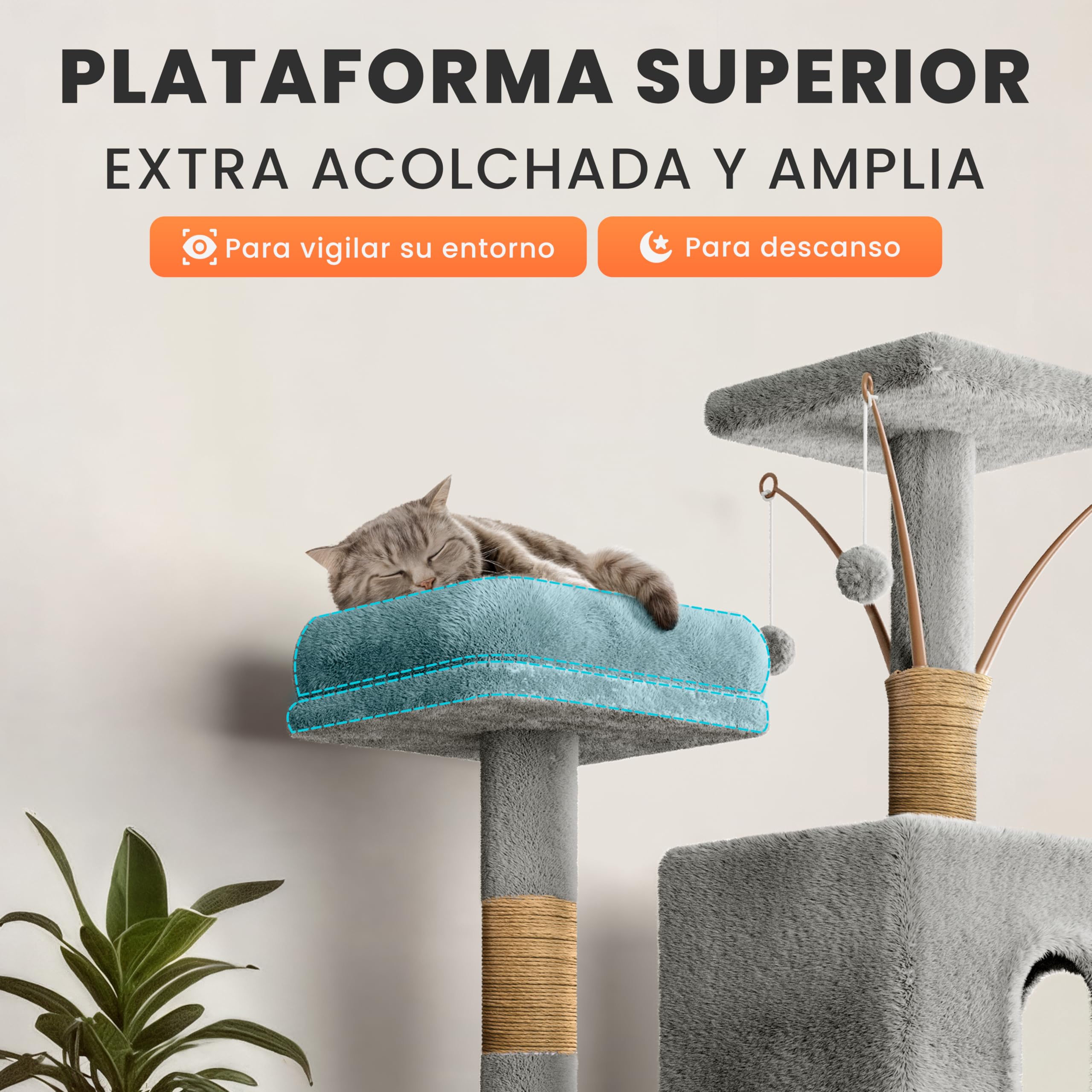 JUPPLIES Árbol Rascador para Gatos 143 cm – Torre de Juegos y Descanso con 5 Plataformas, 3 Nidos, 1 Cueva y Hamaca – Poste de Sisal y Base Estable 60×40 cm – Ideal para Hogares (Gris)