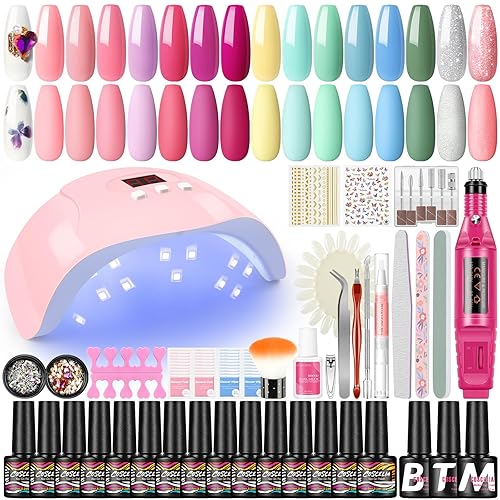 Kit de esmalte de uñas de gel con luz UV y kit de iniciación de taladro, 15 unidades de esmalte de uñas de gel, colores de invierno, lámpara de uñas